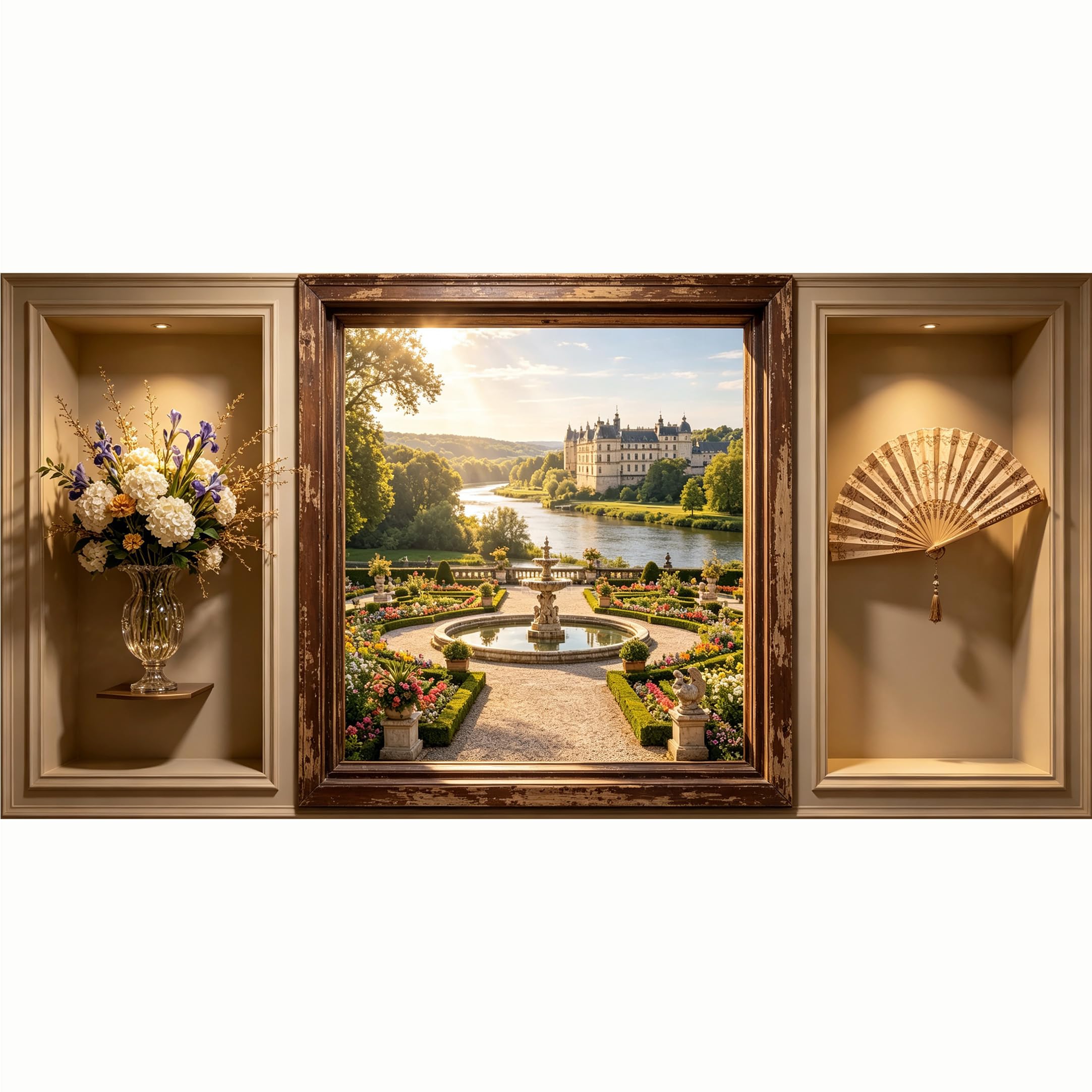 QZLITHOTIC 50x100cm 3D Framed Wall Art， European Castle Garden Landscape Trompe L'oeil Self‑Adhesive Mural， Water‑Activated Peel & Stick Fabric Decor Wall Decal for Bedroom Living Room