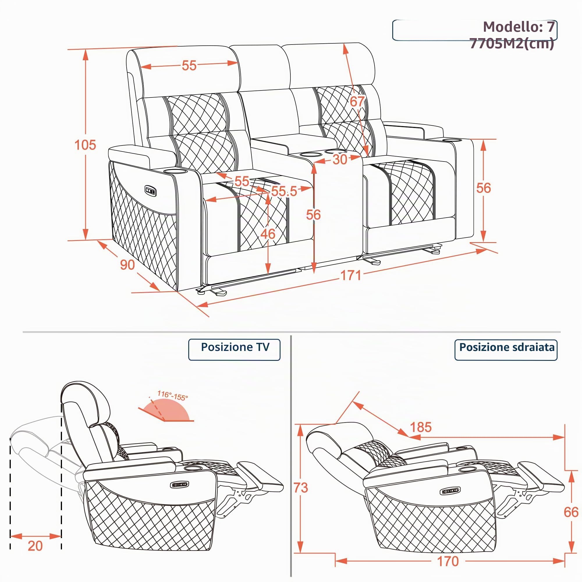 MCombo M Poltrona da cinema, regolabile elettricamente, Zero-Gravity, poggiatesta regolabile, divano con funzione letto, cuscino di seduta in schiuma piena 35D 7705 (2 posti con console)