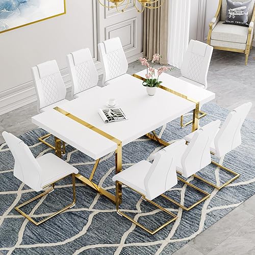 Miniatura 20 de Juego de mesa de comedor moderno de 55 pulgadas para 6, superficie de mesa blanca y estructura de metal plateado, mesa rectangular para comedor