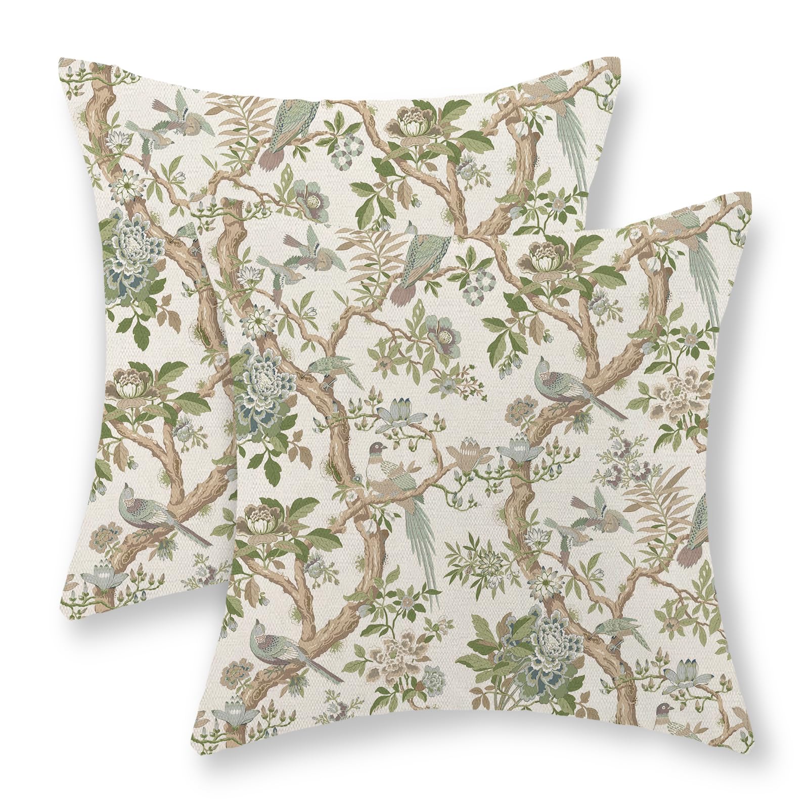 GOLIANDA Green Floral Bird Pillow Covers 24x24 Set of 2 Chinoiserie Throw Pillows Green Vintage Flowers Bird Decorative Pillow Cases Outdoor