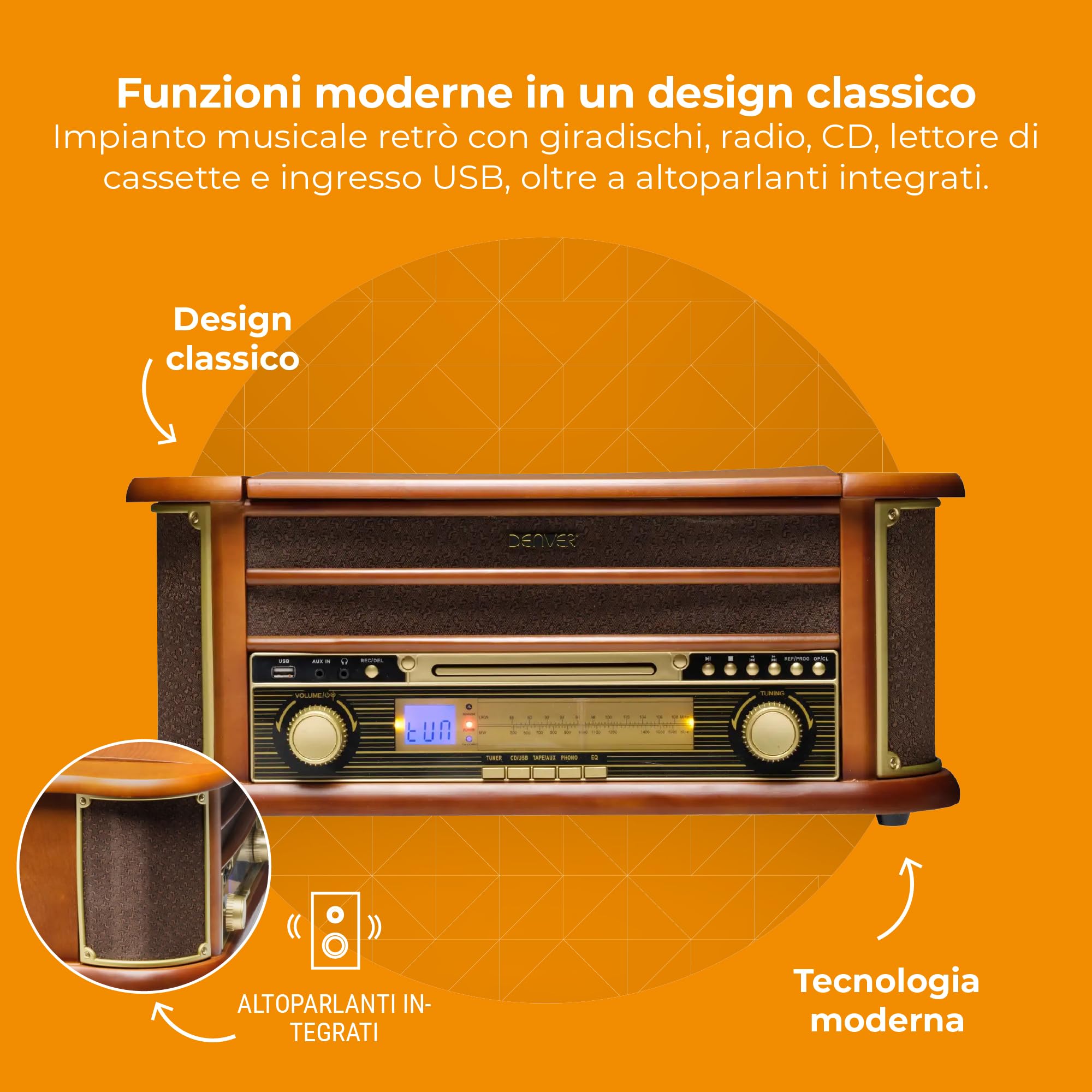 Denver Electronics MCR-50 Turntable Brown – Turntables (Brown, 33 1/3.45.78 Rpm, AM, FM, USB, LCD, 5W