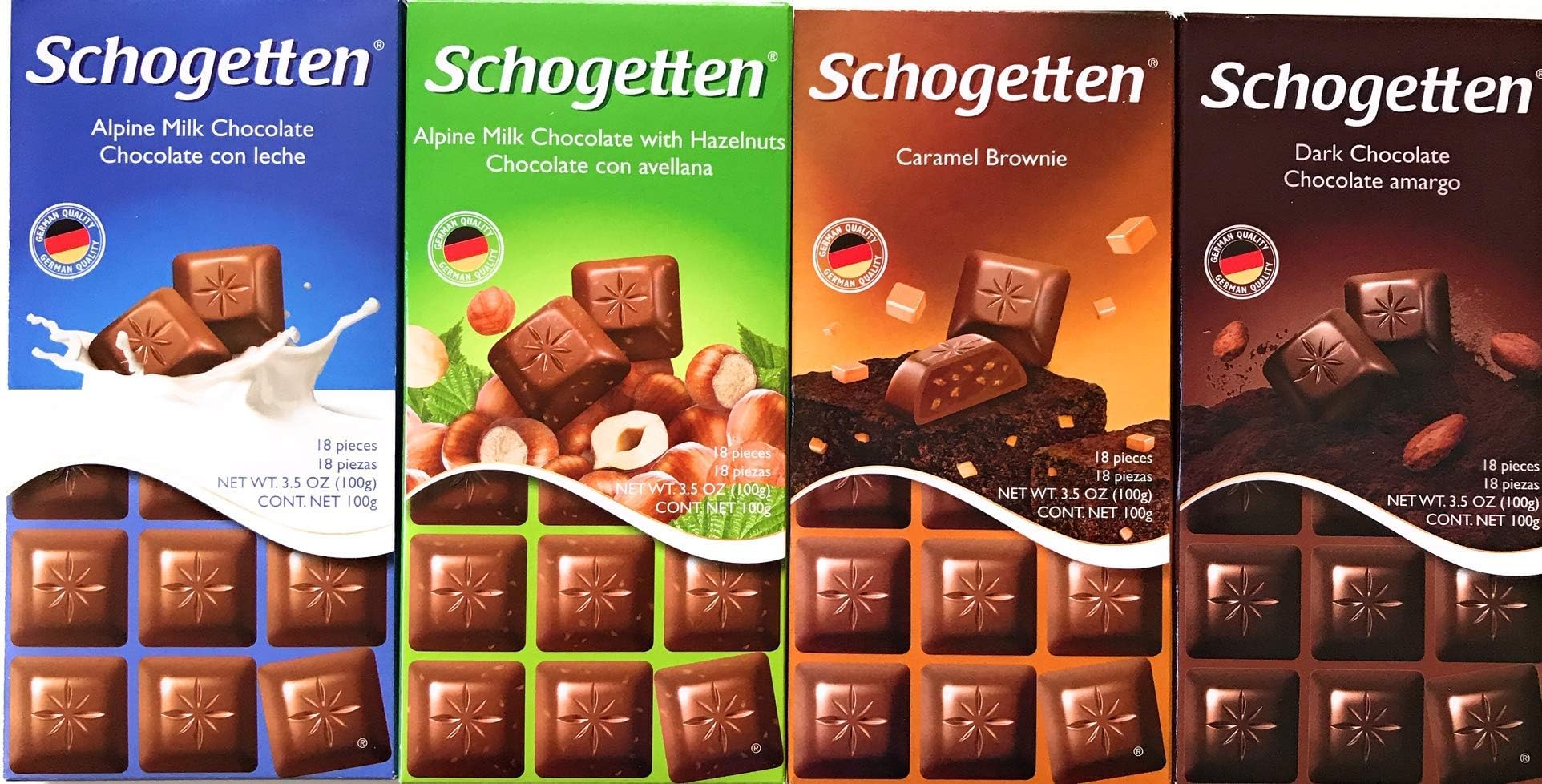 German Chocolate Variety Pack Milk Chocolate, Caramel, Dark and Alpine Milk with Hazelnuts. Freshly imported from Europe (Bundle of 4)