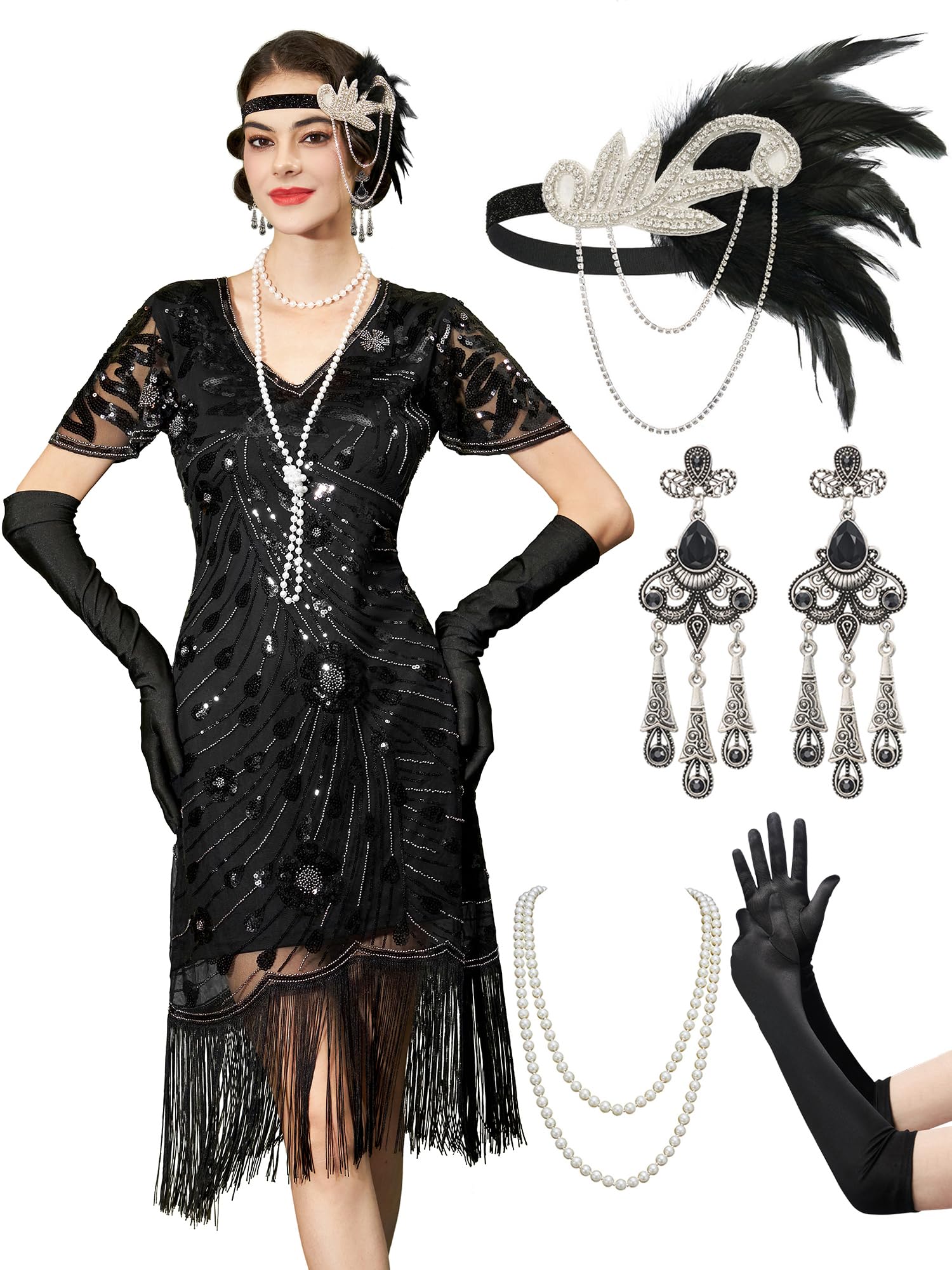 YESSA Flapper Dresses 1920s,Great Gatsby Dresses for Women Fringe Roaring 20s Costumes with 20s Accessories for Harlem Nights