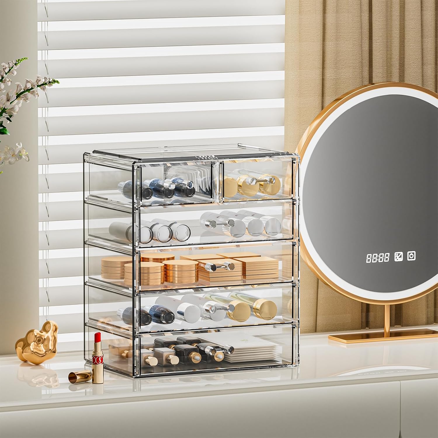 888 TIAN LUN Acrylic Clear Large Makeup Organizer - Jewelry Holder Organizer, Perfect Make Up Organizers and Storage for Vanity, Bathroom (3 Large, 4 Small Drawers - Clear)