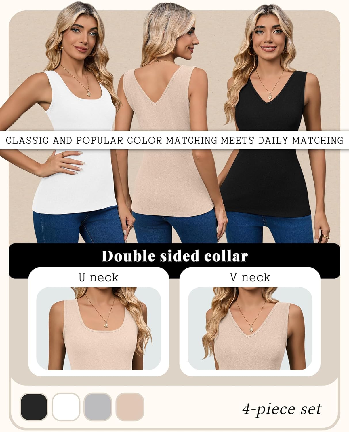 4 Pack Women's Thermal Tank Tops Fleece Lined Reversible Sleeveless Base Layer V Neck or U Neck Warm Underwear Vest - Image 2