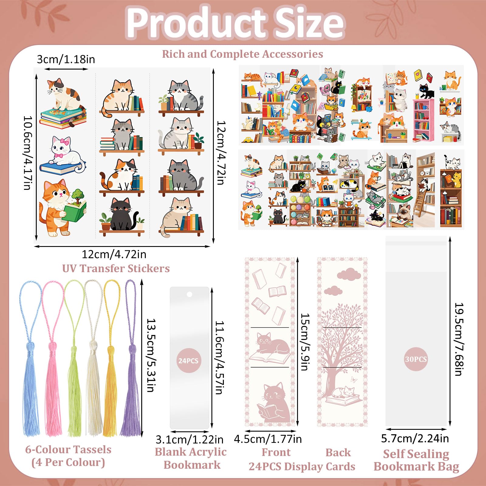 WANDIC 24Pcs Cartoon Cat Book Acrylic Bookmarks with UV DTF Transfer Stickers Handcraft Scrapbooking Supplies with Tassels for Journaling Presents - Image 2