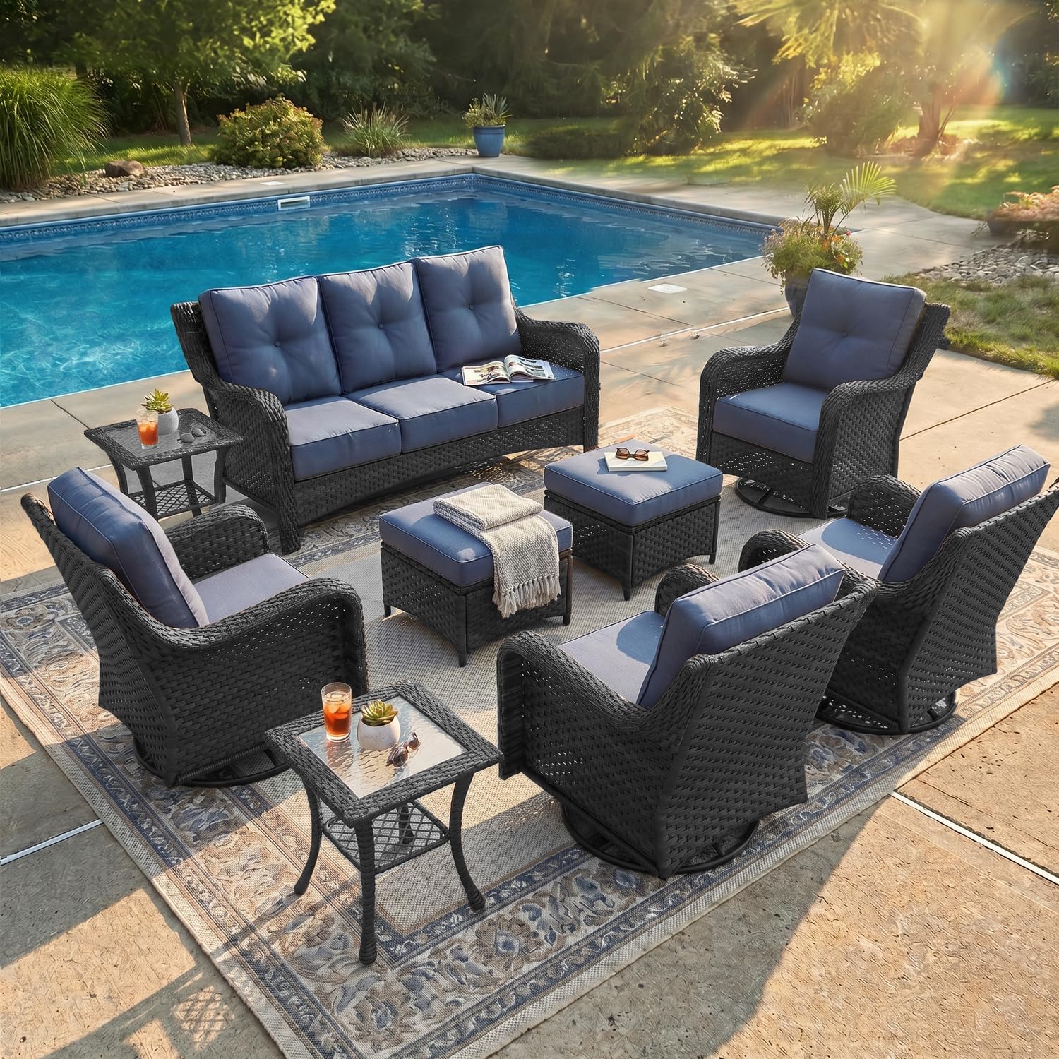 LayinSun 9 Piece Wicker Outdoor Furniture Set with 6-inch Comfy Cushions