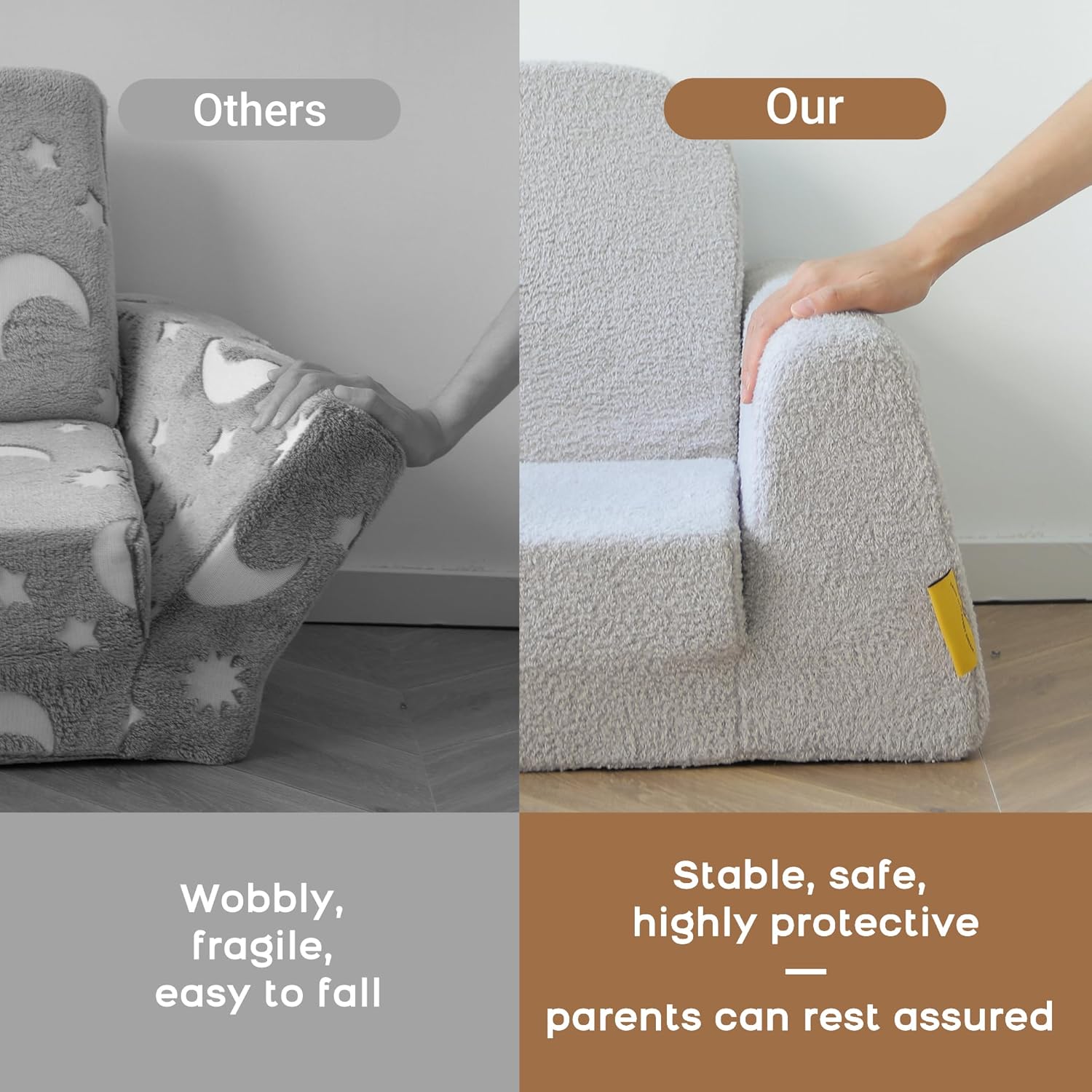 BanaSuper Extra-Wide Kids Sofa for Toddlers, 2-in-1 Convertible Memory Foam Couch to Lounger, Fold-Out Soft Sherpa Baby Sofa Bed & Reading Chair for Age 2-8, Gift for Boys & Girls, Grey - Image 8