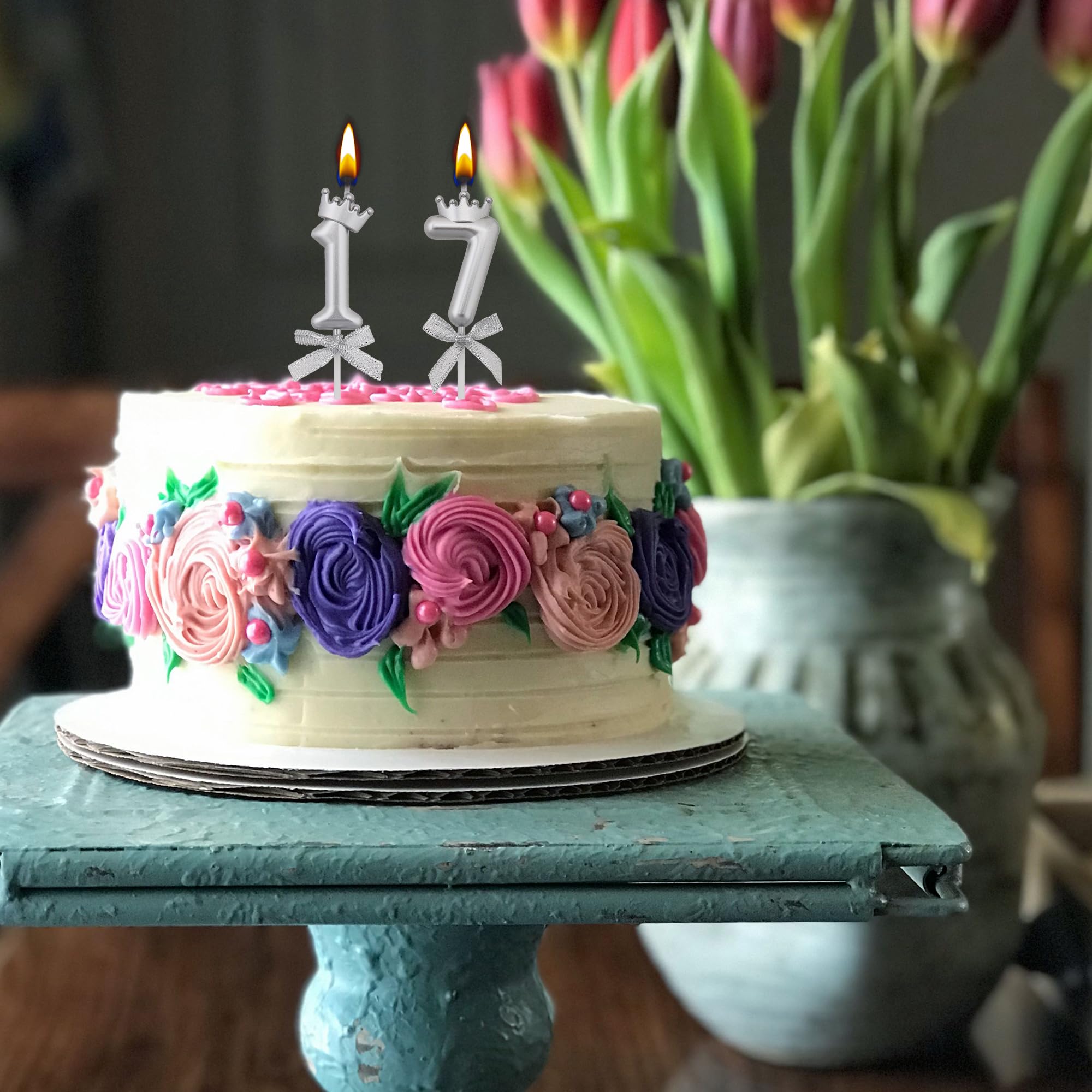 17 velas de cumpleaños, velas de pastel de 17 años, velas plateadas con el número 17 para decoración de tartas para fiestas, niños y niñas
