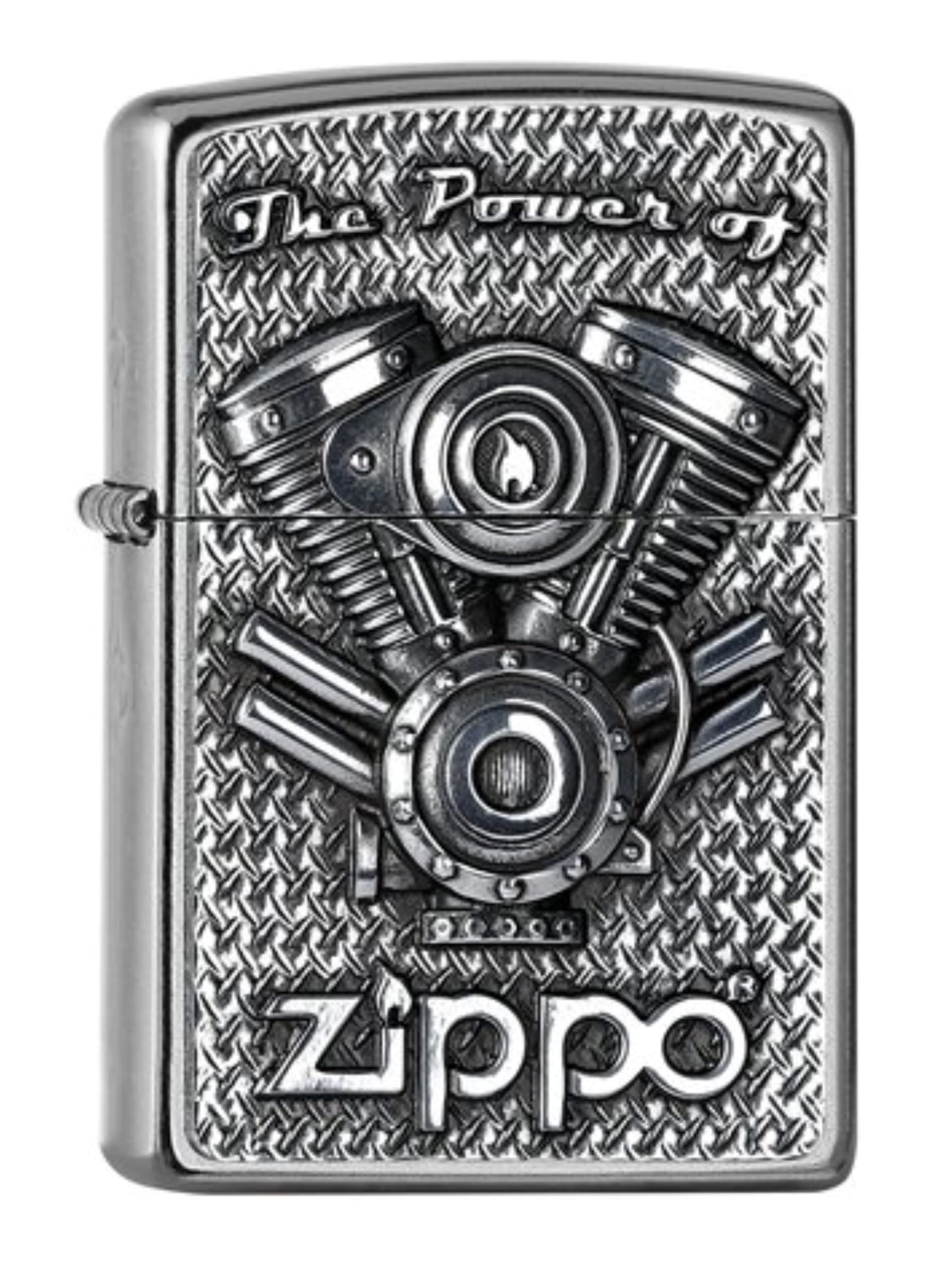 Zippo Chrome - Street - V Motor, Emblem - Gasoline Windproof Lighter, Refillable, In Gift Box