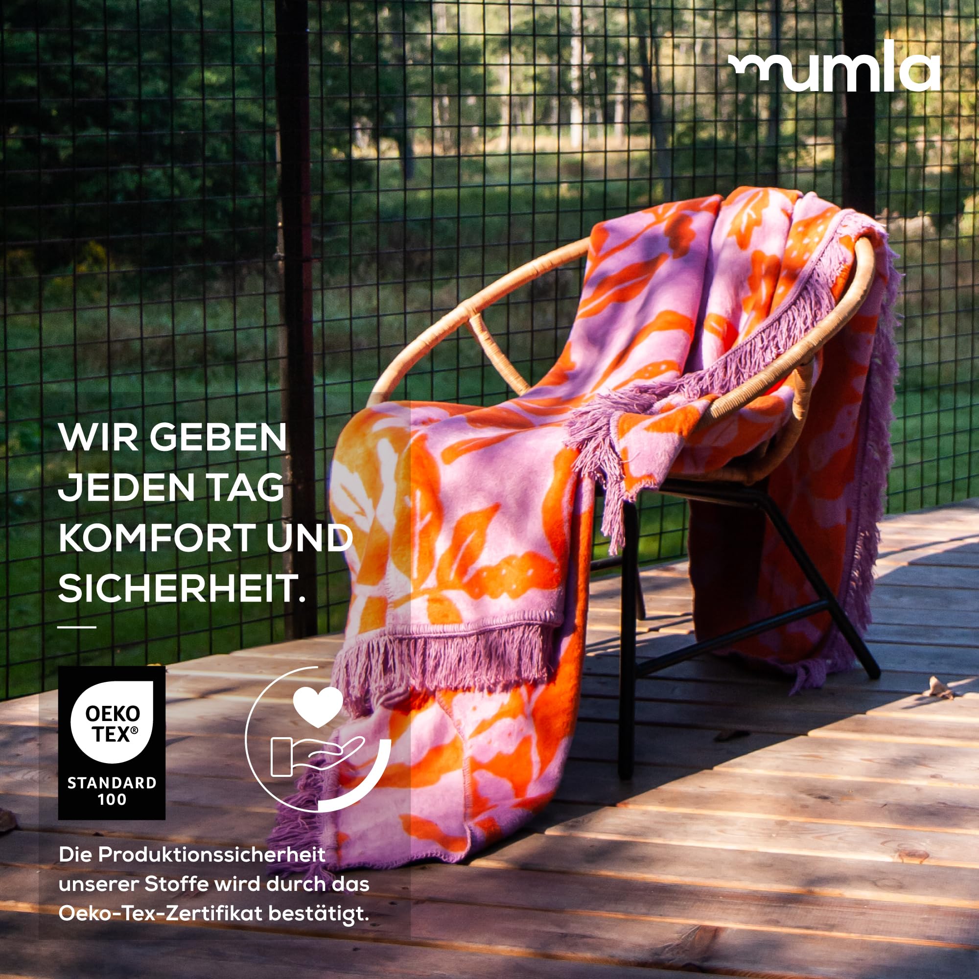 MUMLA - Kuscheldecke 150x200 cm, warm, beidseitig verwendbar, hochwertiger Stoff, orange-lila mit Blumen, Schlafzimmer- und Wohnzimmerdekoration
