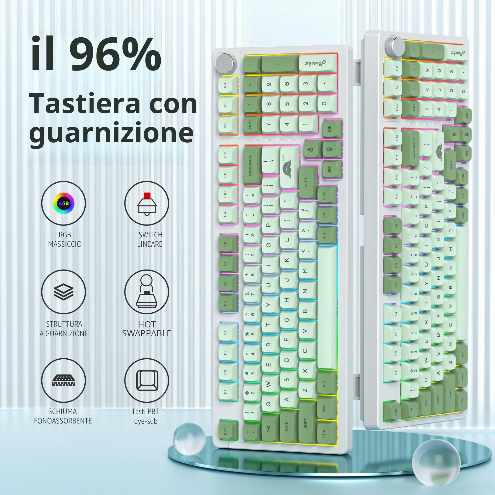 Verde Tastiera Meccanica 96% con Suono Cremoso e Tastierino Numerico, Montaggio a Guarnizione, Retroilluminazione RGB, Hot Swappable, Cablata, Gioco Tastiera Thocky QWERTY Americana