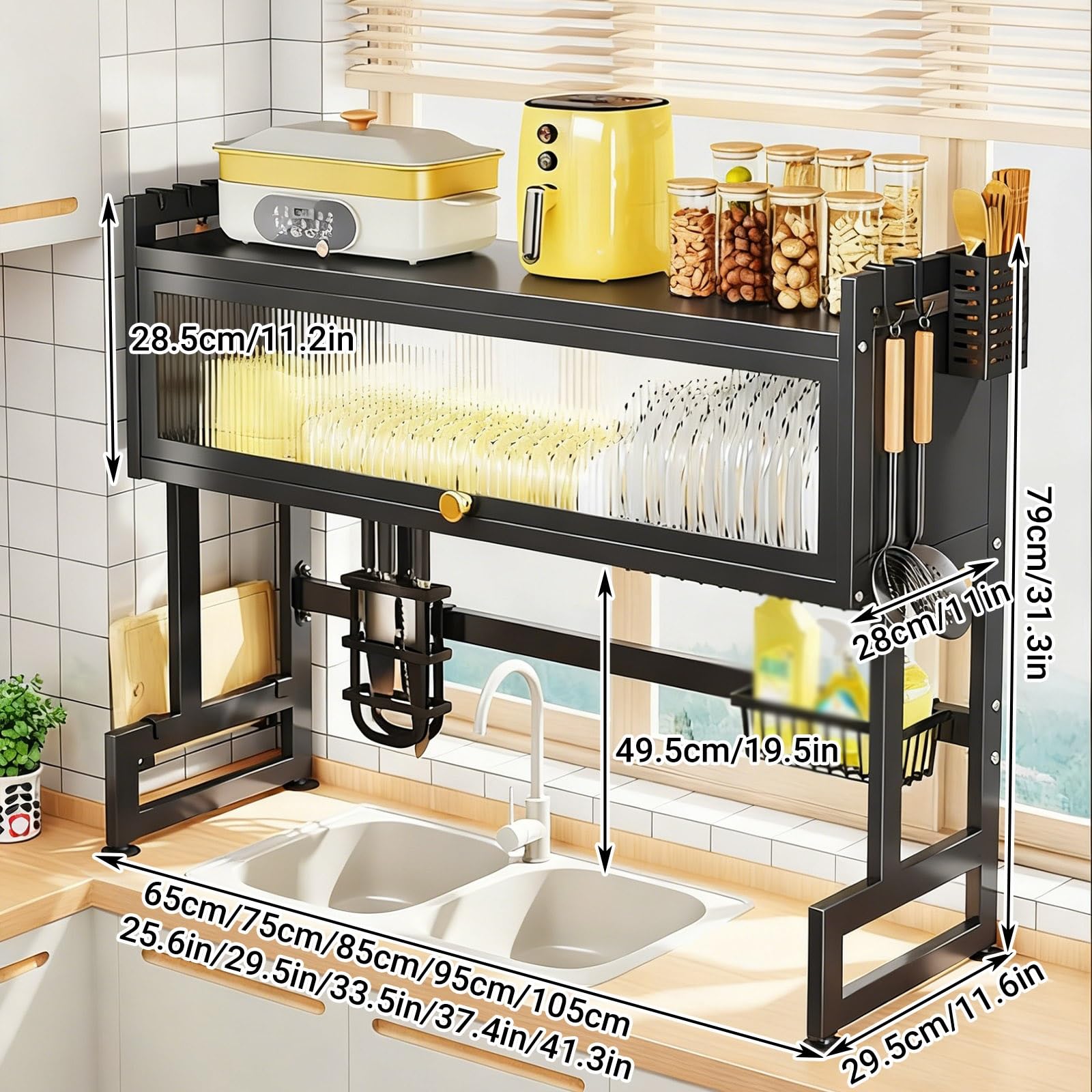 Escurridor de platos para colocar sobre el fregadero, estante grande de organización para encimera de cocina con cubierta y soportes de almacenamiento para platos, vasos, cuencos, cubiertos