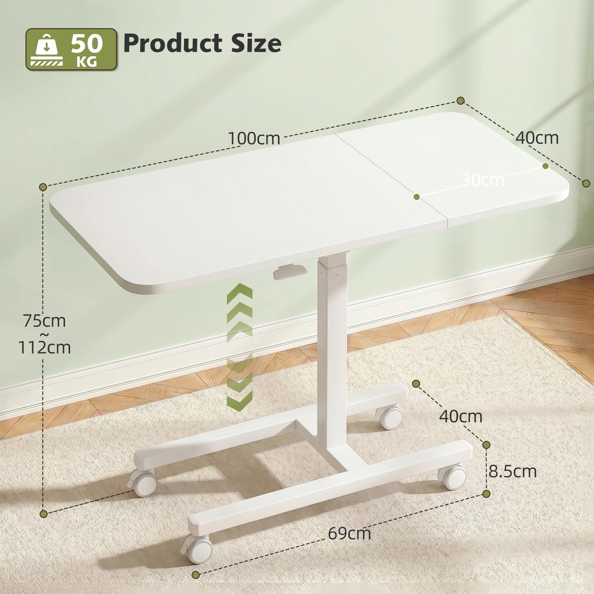 Mesa Cama Ajustable en Altura, Gran Superficie 100cm, con Ruedas con Freno, Pistón Gas, Escritorio/Portátil Forma C Robusto, Mesa Sofá Móvil para Salón, Dormitorio, Office,Blanco