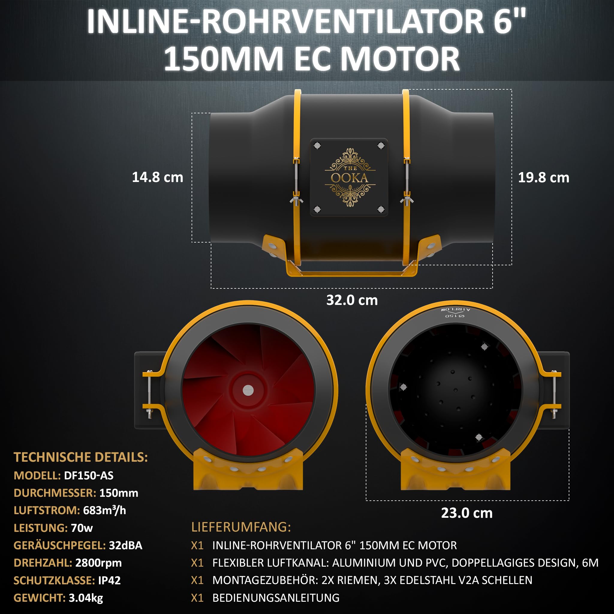 The Grow Inline Rohrventilator 150 mm / 6 Zoll / 683 m³/h (402 CFM) / WiFi-Steuerung mit Temperatur- und Feuchtigkeitsregler, leiser EC-Motor (32 dB)