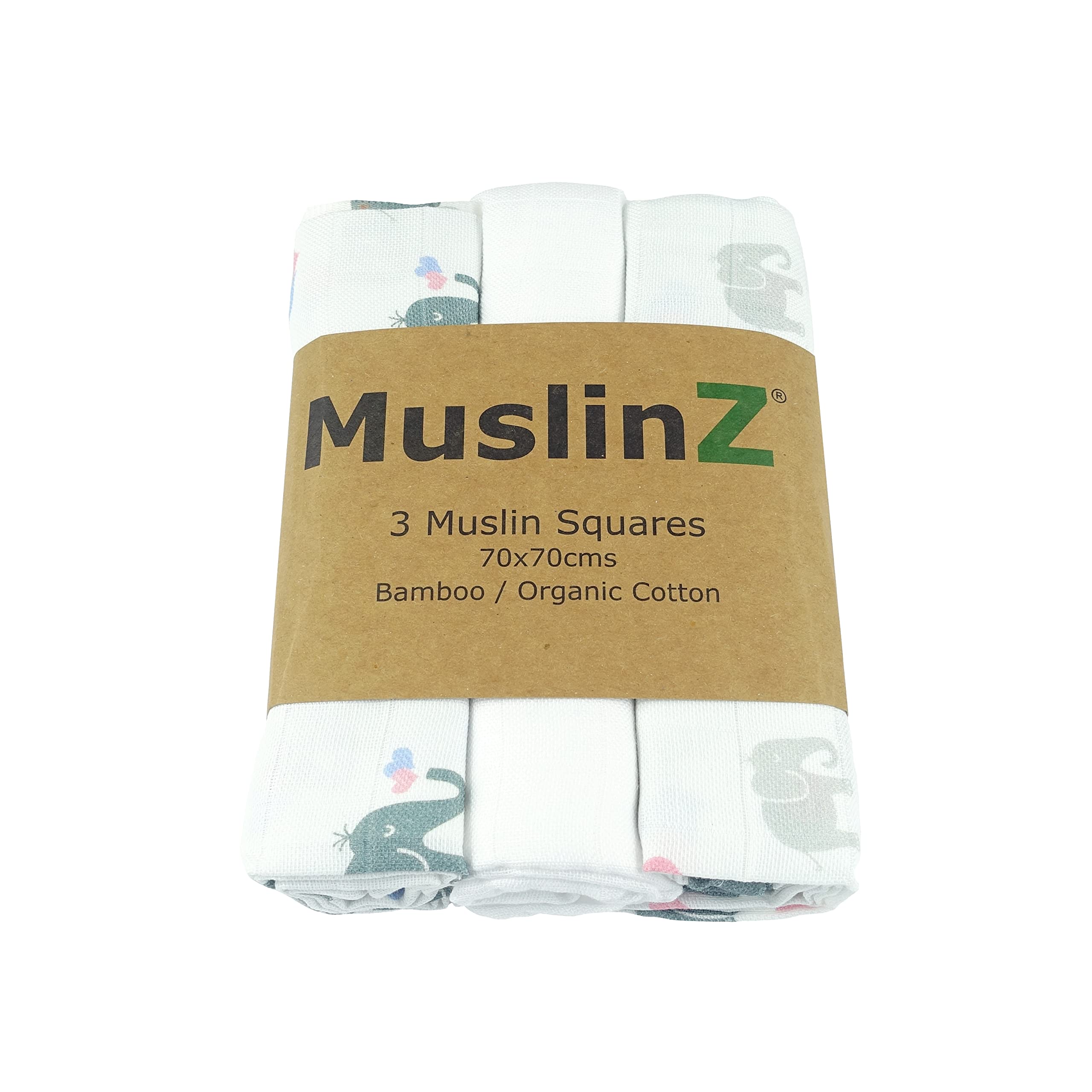 Muslinz Elephant 3Pk Baby Muslin Squares, Burp Cloths, Newborn Essentials, Soft Bamboo/Organic Cotton 70 X 70Cm (Elephant)