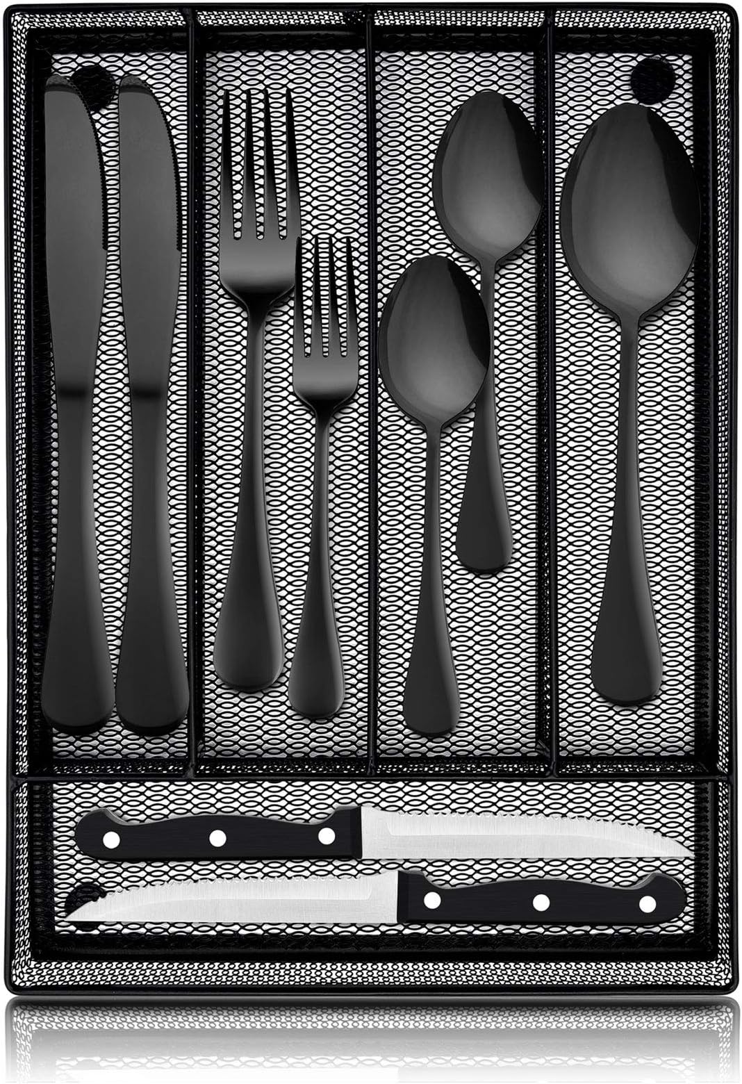 LIANYU 24-Piece Black Silverware Set with Steak Knives and Organizer, Stainless Steel Flatware Cutlery Set for 4, Tableware Eating Utensils for Wedding Home Party, Dishwasher Safe, Mirror Polished