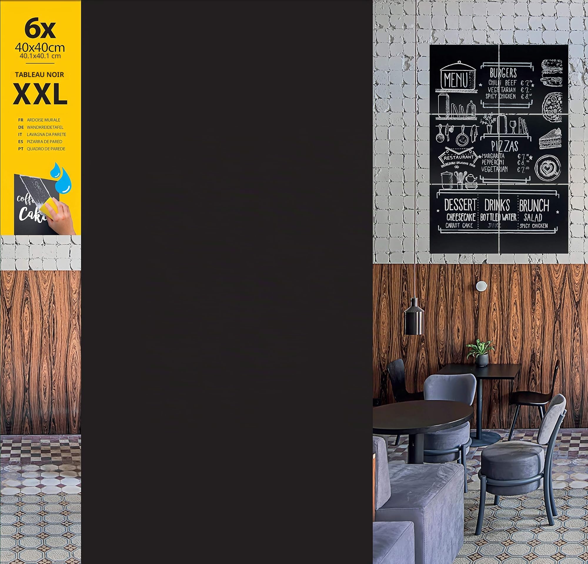 SECURIT - Lot de 6 Tableaux Noirs Muraux Sans Cadre - Pour Marqueur à Craie Liquide - Ardoises à Positionnement Personnalisable -1 Ardoise = 40 x 40 cm - Coloris Noir