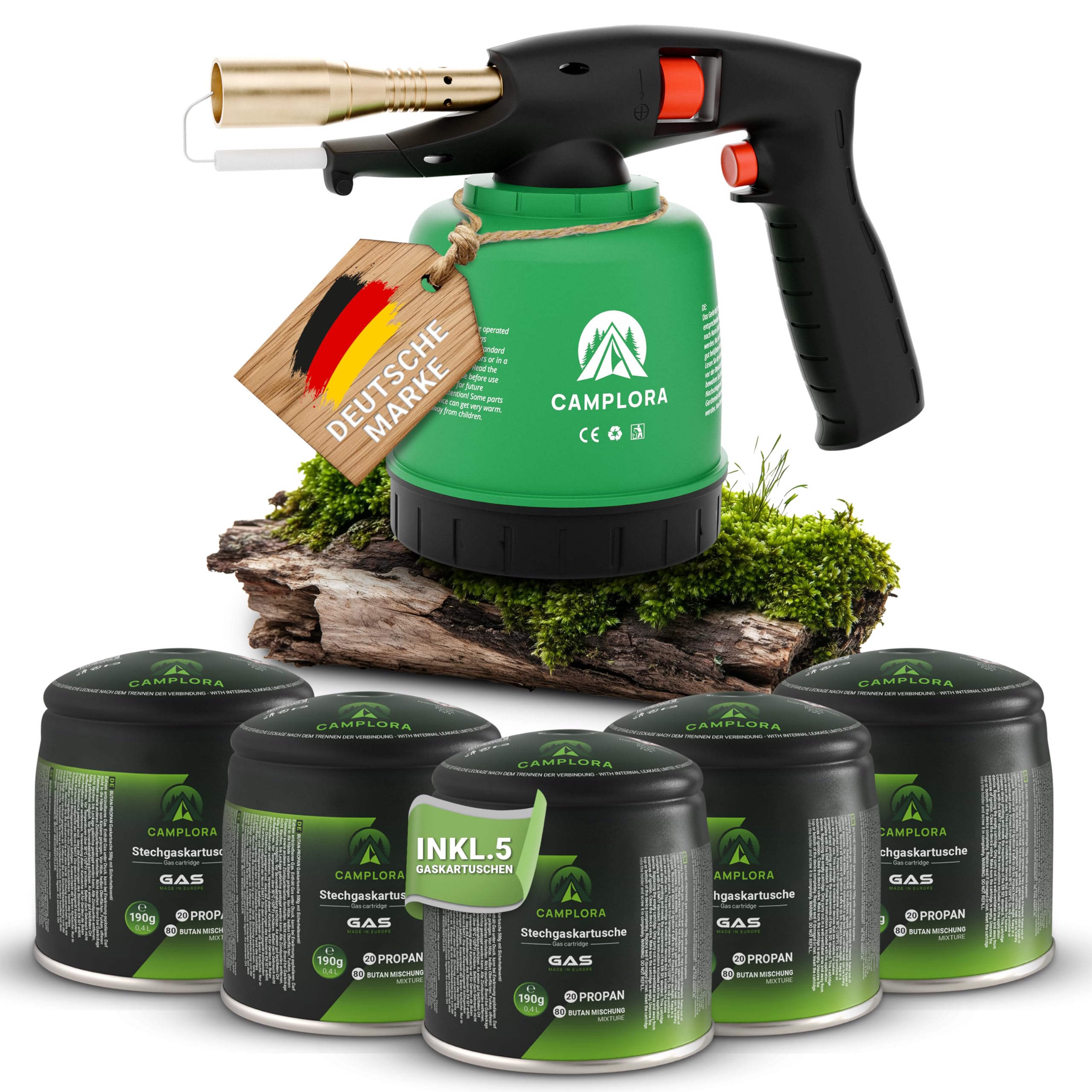 CAMPLORA Lötlampe inkl. 5 Stechkartusche 190g mit Piezozündung Lötbrenner Gasbrenner mit Kartusche Bunsenbrenner Werkstatt Gaslötkolben Brenner Abflammgerät gas blow torch bunsenbrenner küche