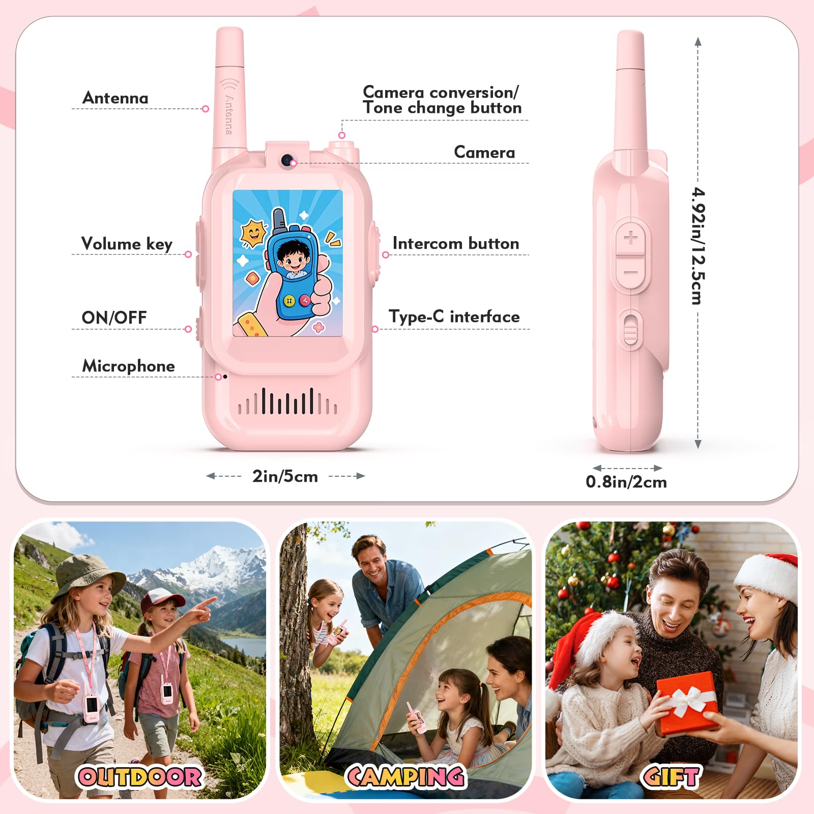 Vidéo Talkie Walkie Enfants Rechargeable, Lot de 2 Talkie Walkie avec Vidéo & Caméra HD,Talkie-Walkies Jouets de Plein air pour Enfants de 3 à 12 Ans (Rose et Rose)