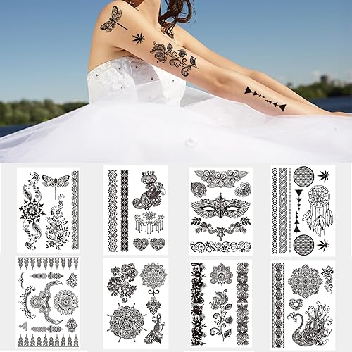 8 hojas de calcomanías temporales negras para tatuaje, exquisito patrón de encaje, fiesta de boda, fiesta, festivo, para mujeres y niñas, bricolaje