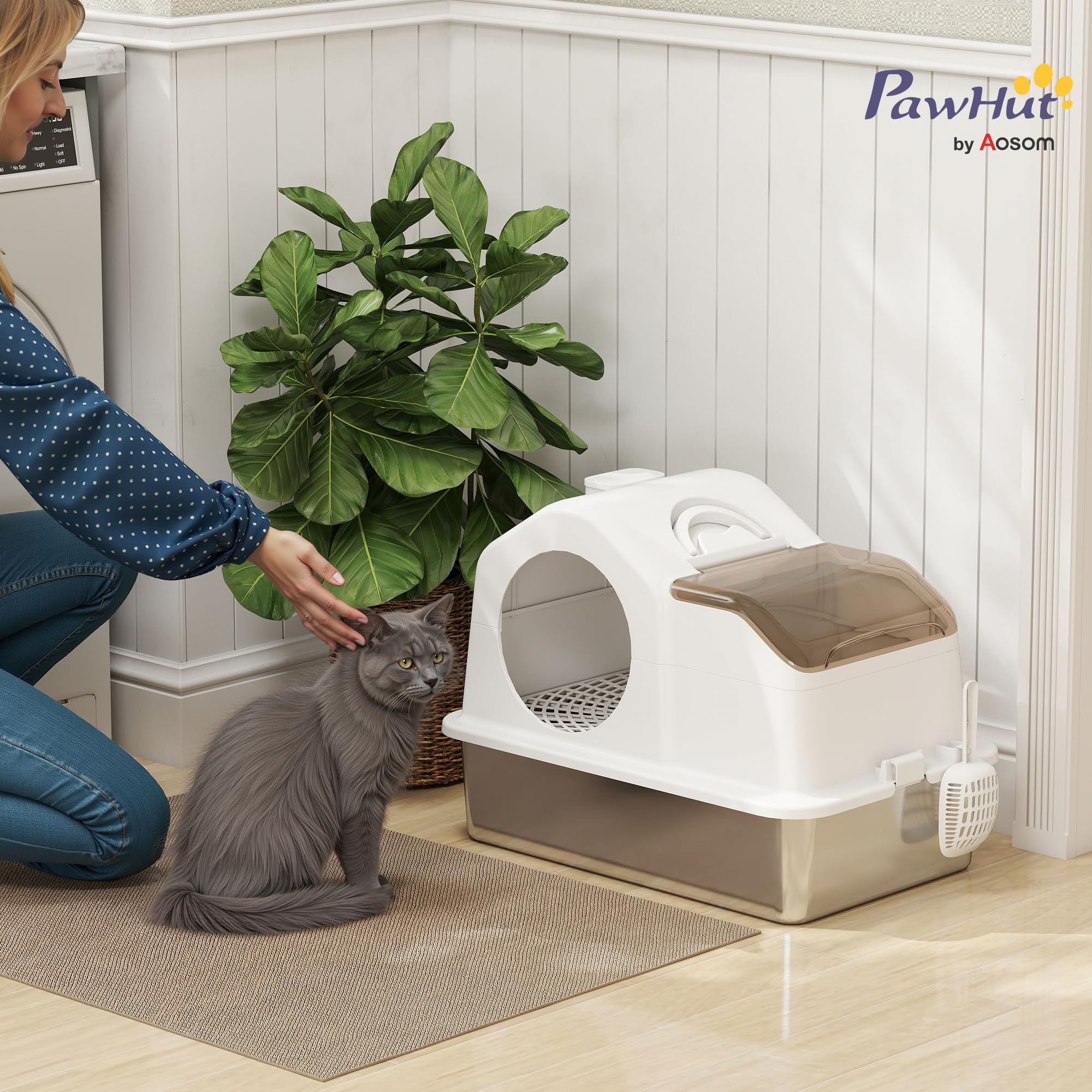 PawHut Arenero para Gatos Cubierto Cerrado Extragrande Blanco | Bandeja de Acero Inoxidable, Tapa Extraíble, Bordes Altos, Pala, sin Olor, Fácil de Limpiar, para Gatos Grandes