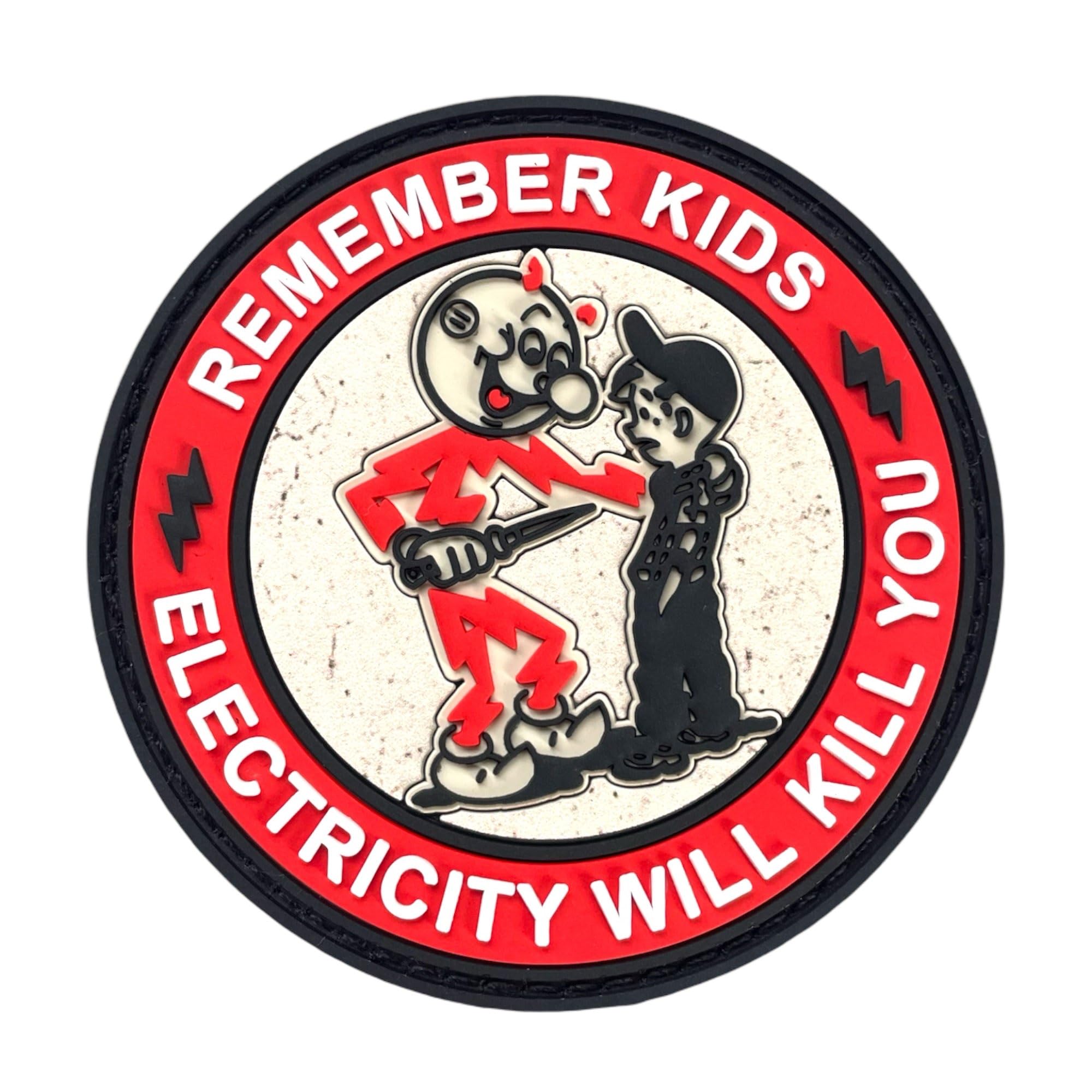 Remember Kids Electricity Will Kill You PVC Patch - Reddy Kilowatt Funny Tactical Patches with Hook and Loop Fastener, Morale Patches for Backpacks, Military Uniforms, Jeans, Jackets, Vests, Hats