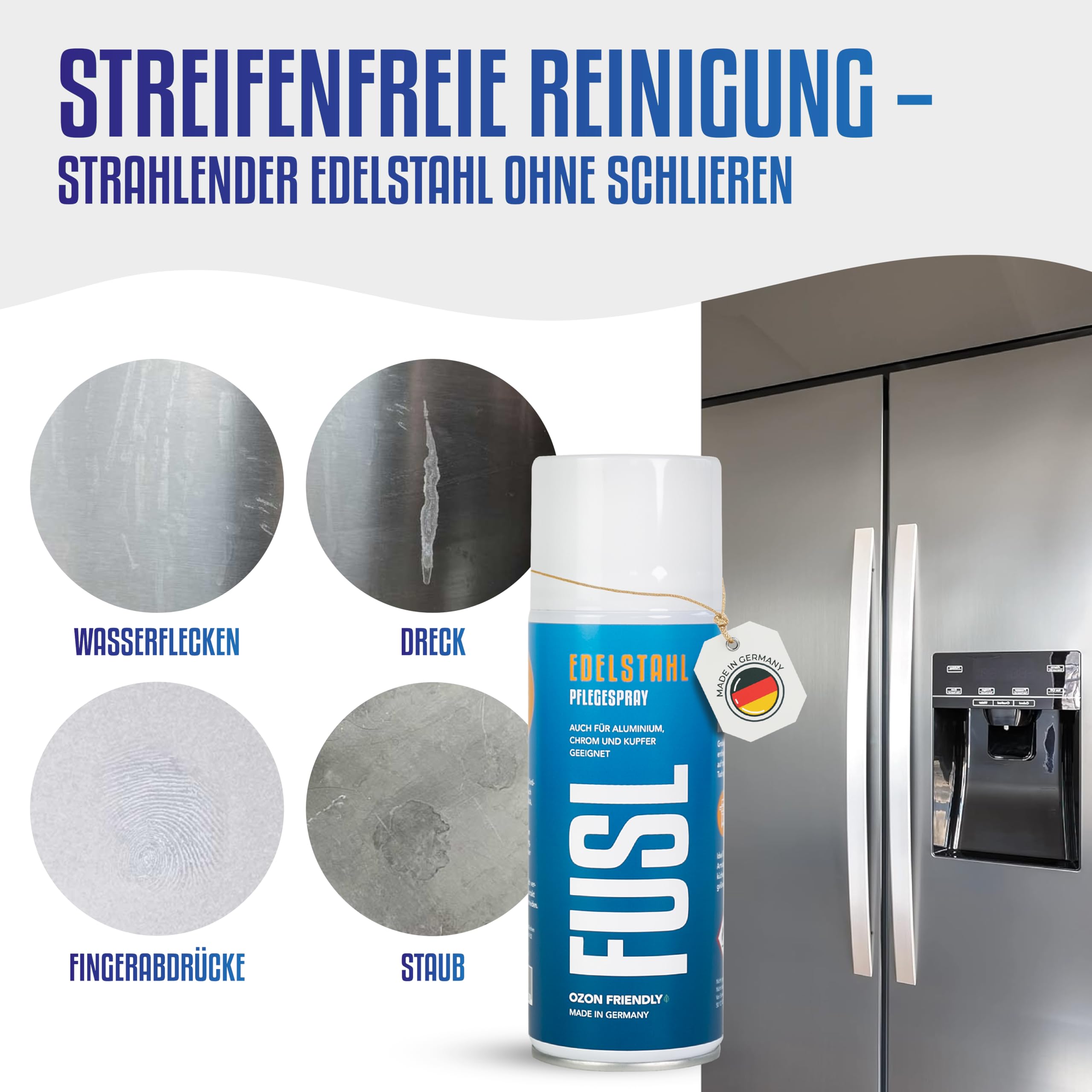 Edelstahlreiniger Set Pflege x2 + Reinigung + Reinigungstuch | Effektiv gegen Fett & Schmutz | Streifenfreier Glanz | Für Edelstahl, Aluminium, Chrom in Haushalt, Küche, Handwerk & Gastro