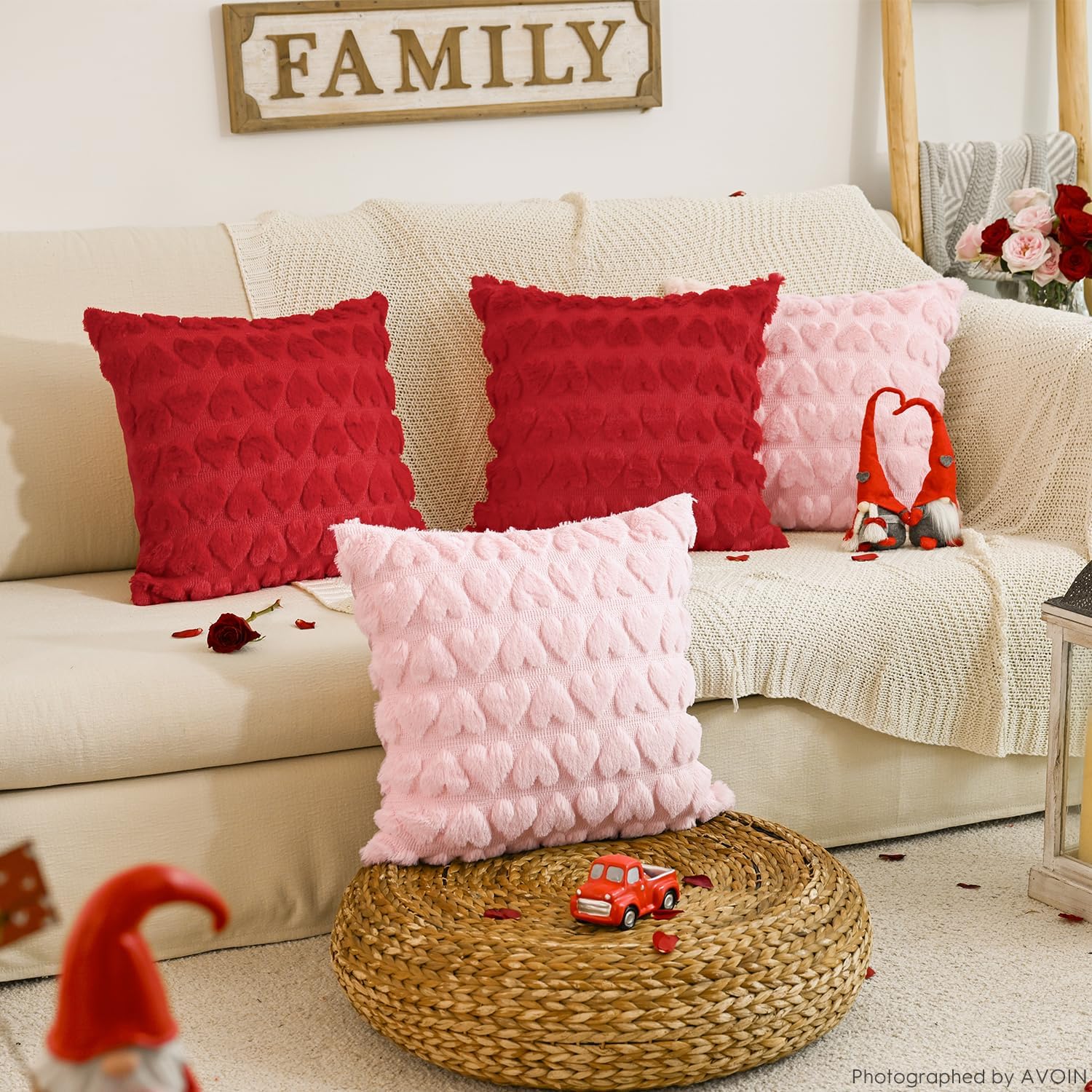 AVOIN colorlife Valentine's Day Love Heart Red Pink Throw Pillow Covers Set of 4, 18 x 18 Inch Anniversary Wedding Home Decor Soft Plush Faux Fur Jacquard Cushion Case for Sofa Couch