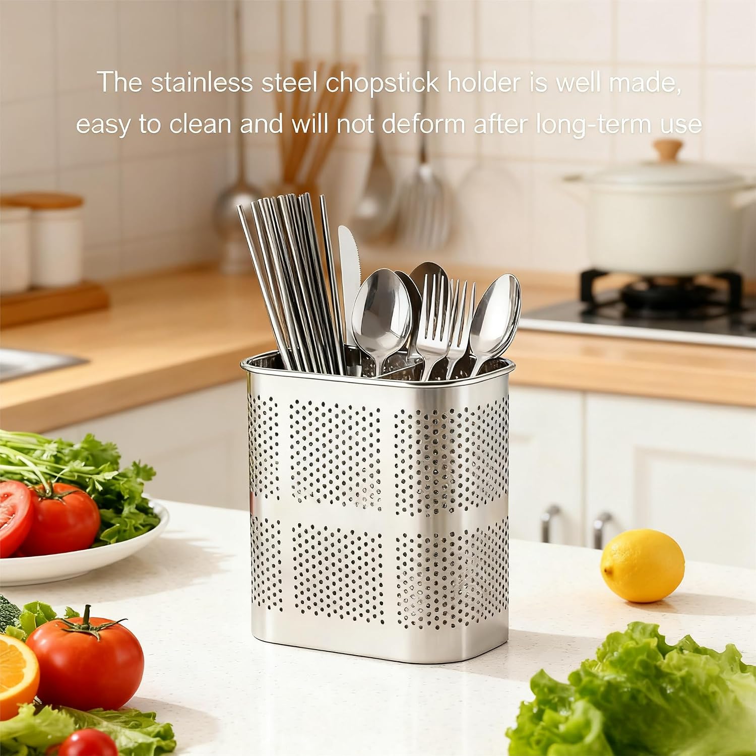 Tissting Stainless Steel Utensil Holder, 14x8x13cm Chopsticks Holder Rack Basket 2 Divided Compartments Drying Rack Holders Utensil Caddy for Kitchen