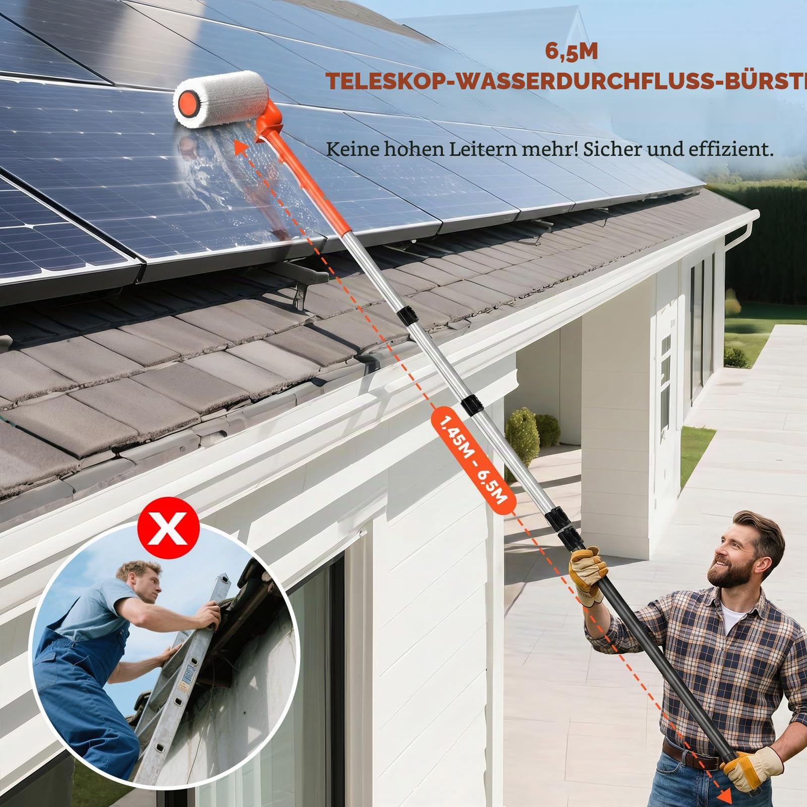 Elektrische Teleskop Waschbürste 6,5m Waschbürste mit Teleskopstiel Teleskopstange mit 11m Wasserrohr Fensterreinigung PV Reinigungsbürste Teleskop Set Wasserbesen für Terrassenüberdachung