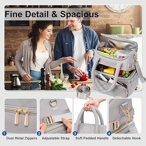 Miniatura 3 de Weitars Lonchera para mujeres y hombres, lonchera de doble cubierta para mujeres, bolsa de almuerzo acolchada para el trabajo, lonchera aislada a