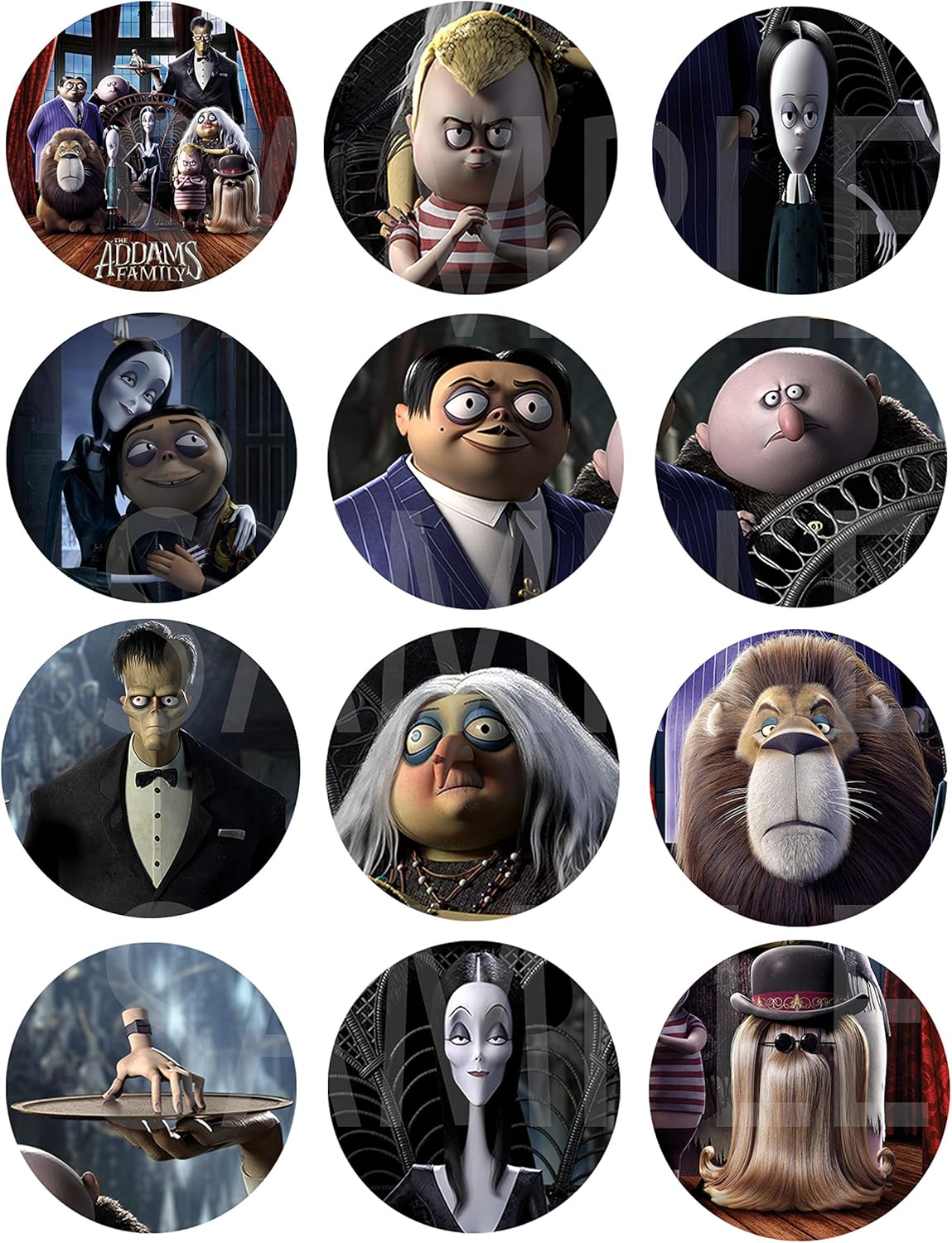 ADDAMS FAMILY Stickers, Large 2.5” Round Circle DIY Stickers to place onto Party Favor Bags, Cards, Boxes or Containers -12 pcs Halloween Cousin IT, Wednesday, Morticia, Gomez, Thing Hand, Pugsley, Ma