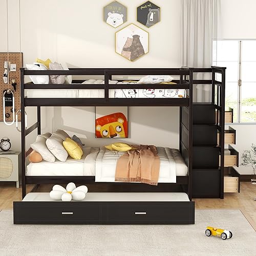 Miniatura 109 de Litera individual sobre matrimonial con cajones, escalera deslizante y almacenamiento, litera de madera con barandilla alta y escalera para niños,