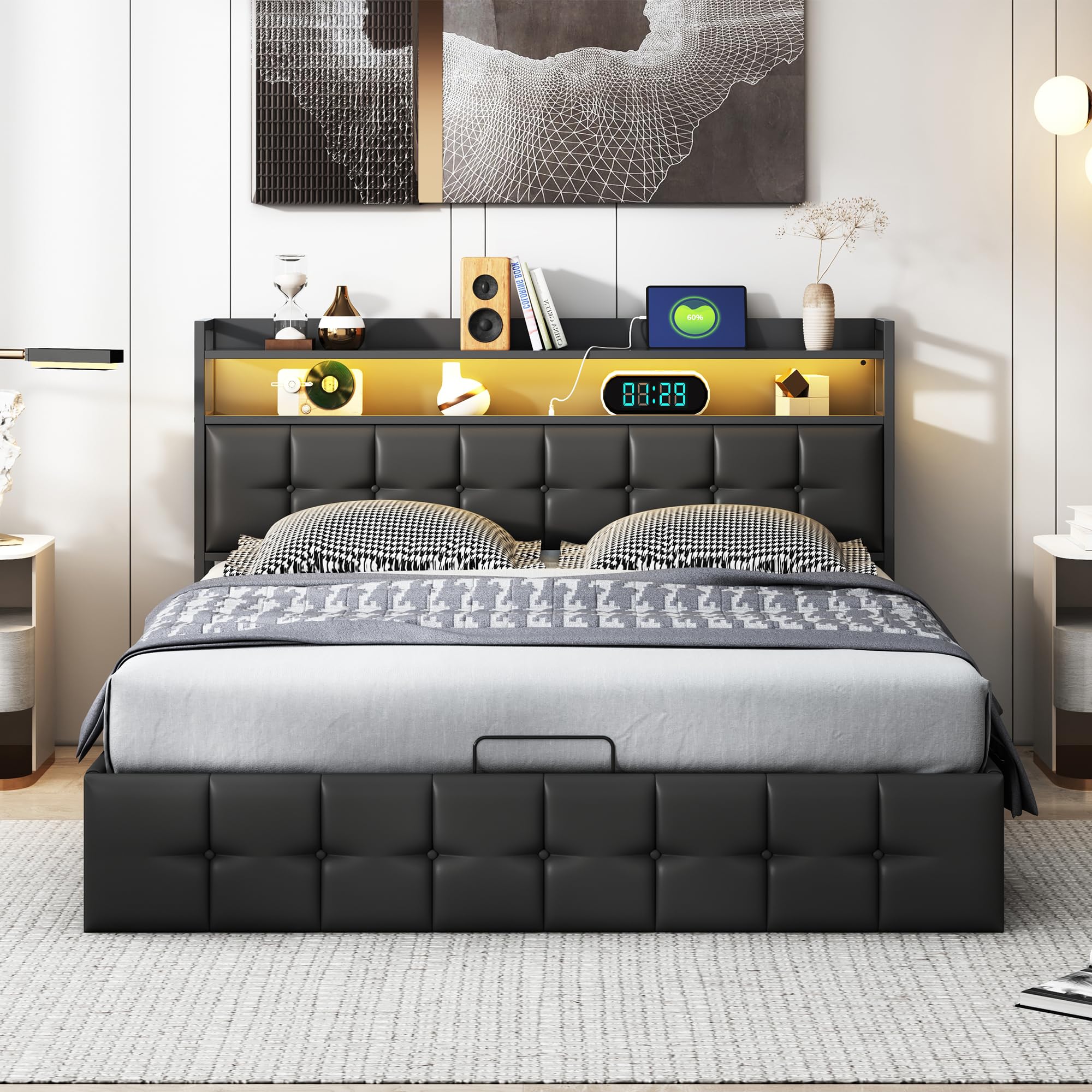 Letto Matrimoniale con Contenitore 140x190 cm, Struttura Letto Imbottito con Sistema di Sollevamento a Gas e LED USB, Supporto a Doghe in Legno, Senza materasso, Pu Nero