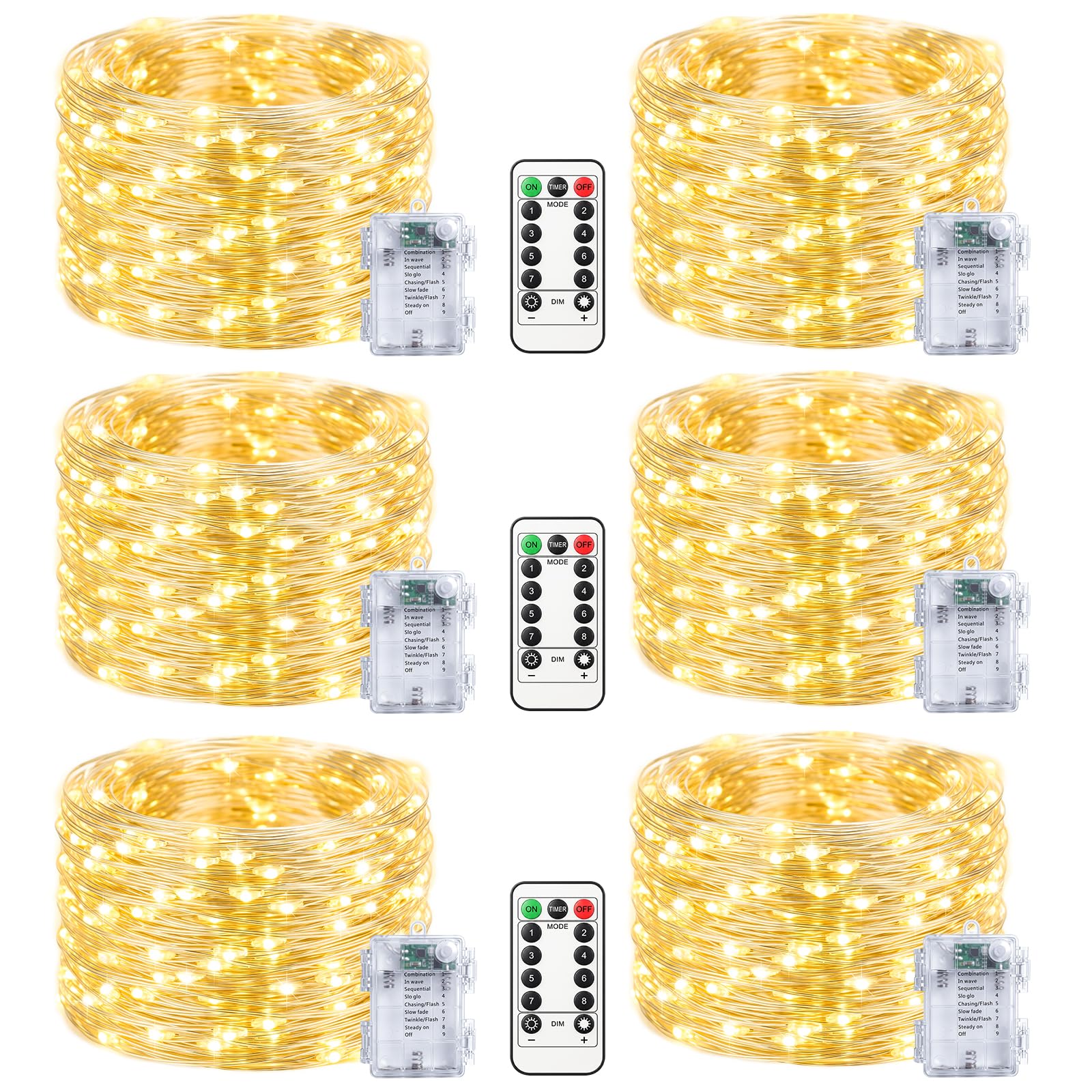 btfarm 6 Stück 10M 100 LED Lichterkette Batterie mit Fernbedienung Timer | Lichterketten Außen Innen Draht, Wasserdicht, Silberdraht, 8 Modi, für Weihnachten Garten Hochzeit Balkon Deko, Warmweiß