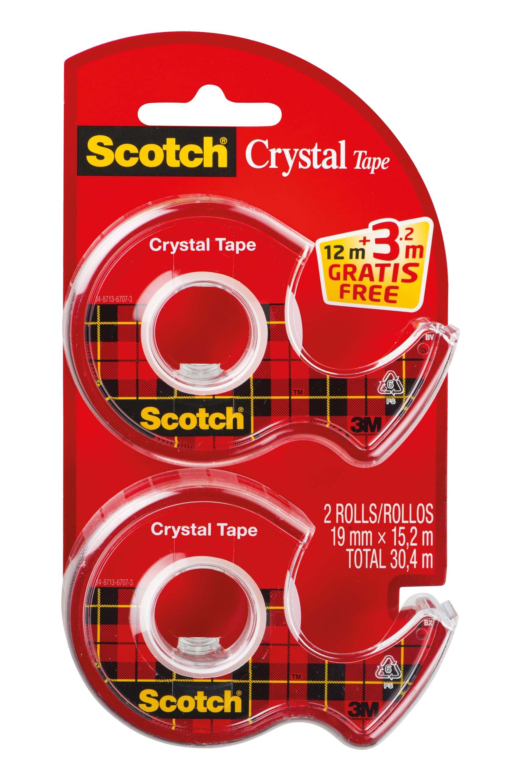 Scotch Crystal Cinta Super Transparente - 2 Rollos de 19 mm × 12 m en Dispensadores + 3.2 m GRATIS