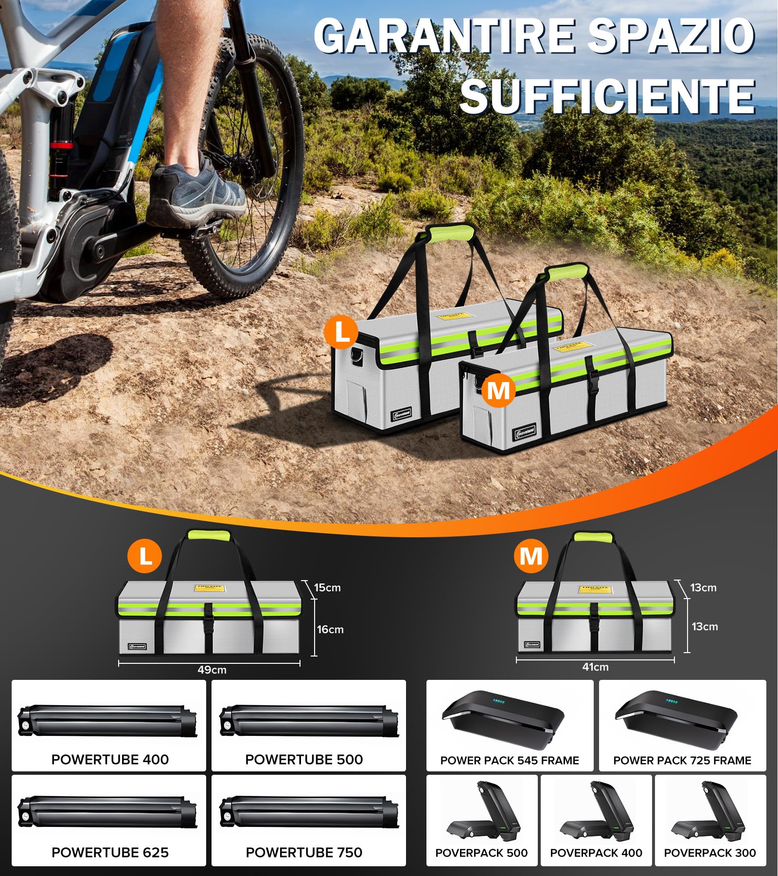 moveland 2 sacchetti per batteria Ebike, ignifughi, fino a 1400 °C, con batteria a prova di esplosione, 49 x 15 x 16 cm, tripla protezione per e-bike, protezione antincendio con porta di ricarica