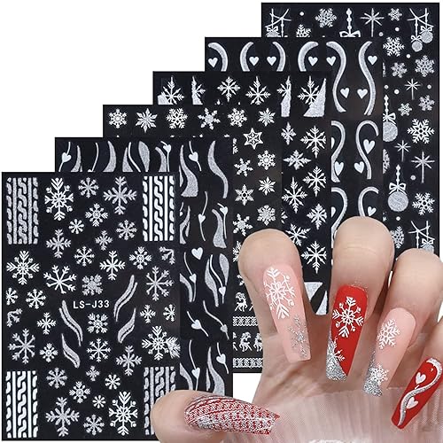6 hojas de calcomanías de Navidad para arte de uñas con purpurina 3D color plateado blanco copo de nieve autoadhesivas campana de Navidad alce copos