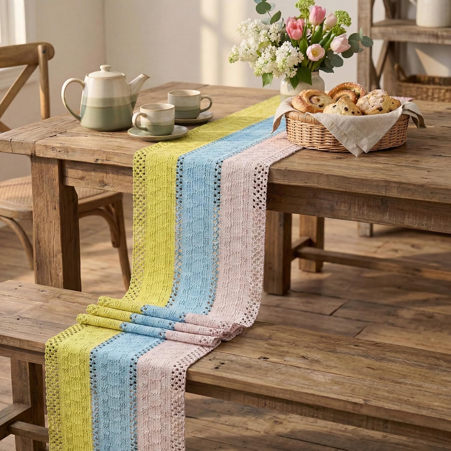 Artoid Mode Yellow Blue Pink Farmhouse Rustic Table Runner 12x60 Inch image 5