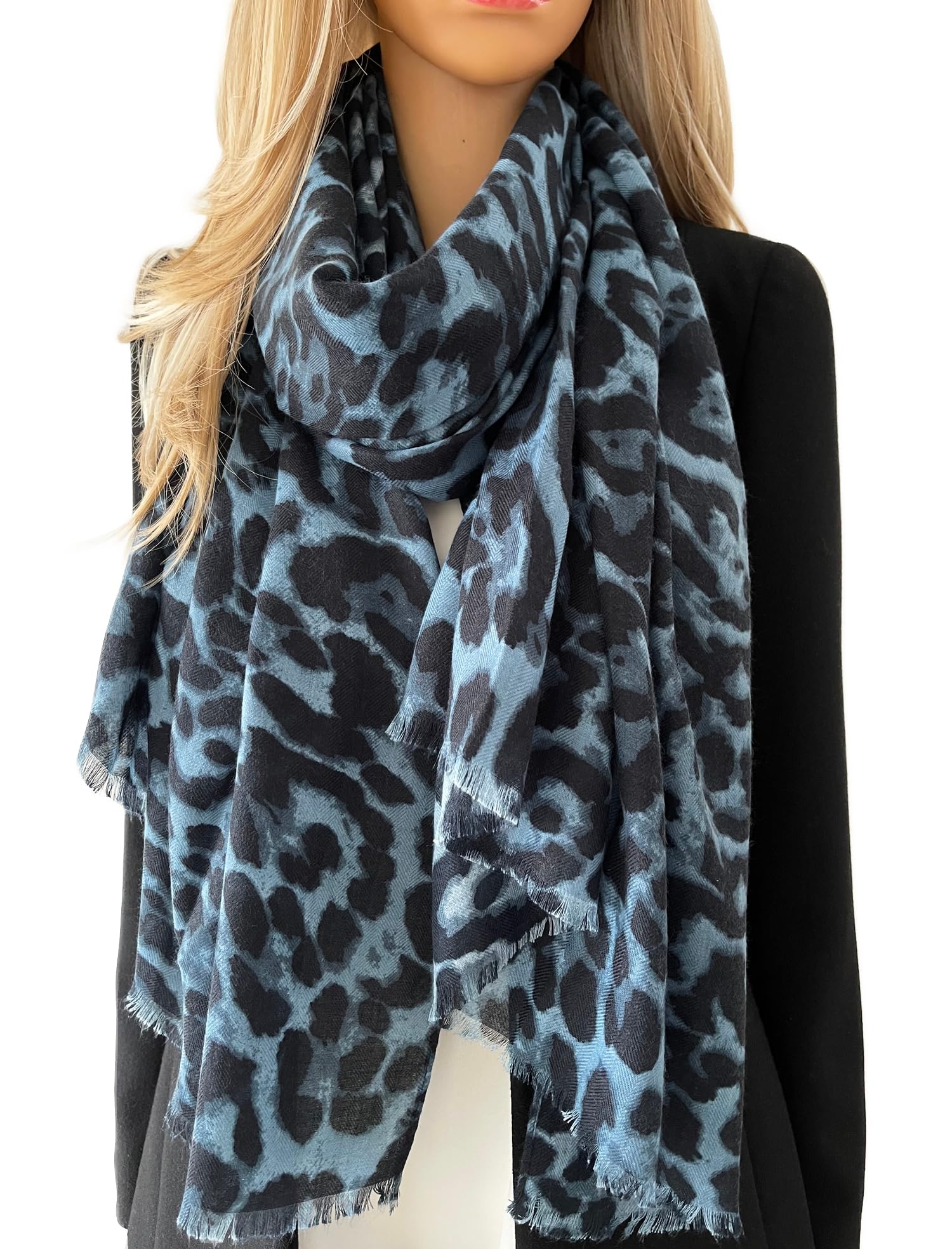 The Accessory Co. Women's Cotton Blue Animal Leopard Print Scarf - Scarves With Stripe, Leopard Print Gifts, Pashmina Shawl, Long Winter Wrap Wearable Blanket, Neck Scarf Shawl Scarfs (Cotton Blue)