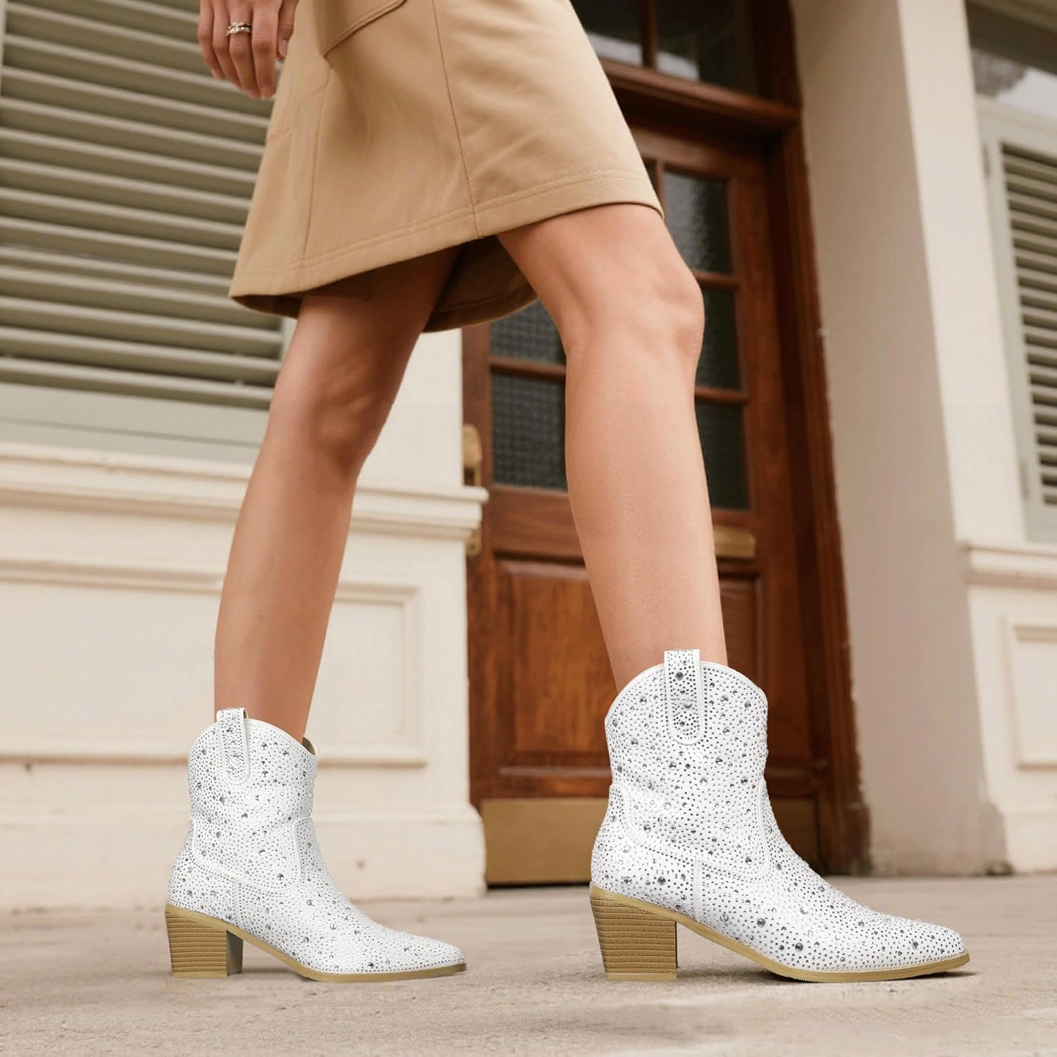 IDIFU IN2 Womens Booties Cowgirl Cowboy Rhinestone Ankle Boots for Women Low Short Block Heel Pointed Toe Slip On Fall Booties Ladies Western Sparkly Glitter Disco Wedding Fashion Dressy Boots - Image 2