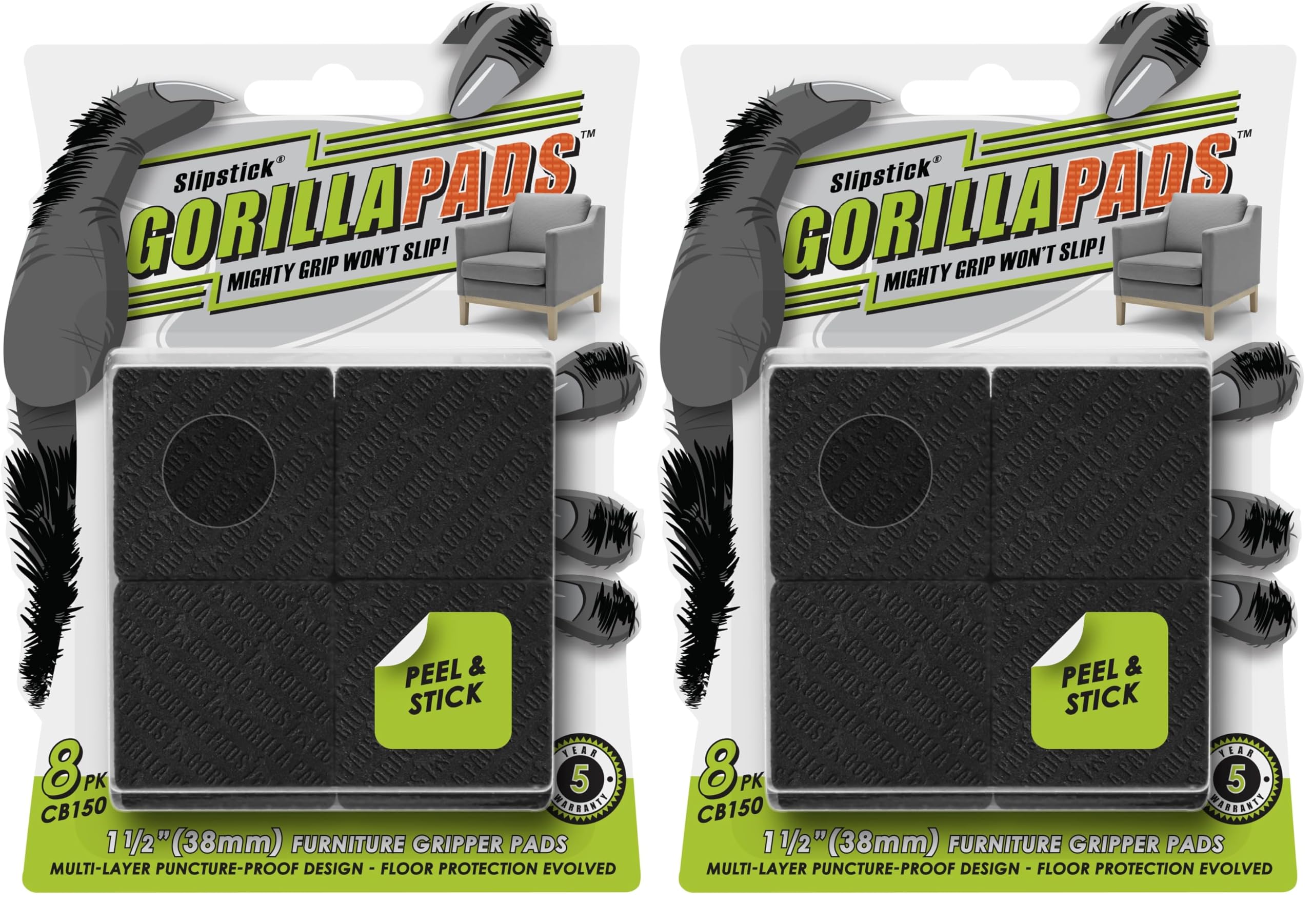 Slipstick GorillaPads CB150 Non Slip Furniture Pads/Rubber Grips (Set of 8) Self Adhesive Furniture Feet Floor Protectors, 1-1/2 inch Square, Black (Pack of 2)