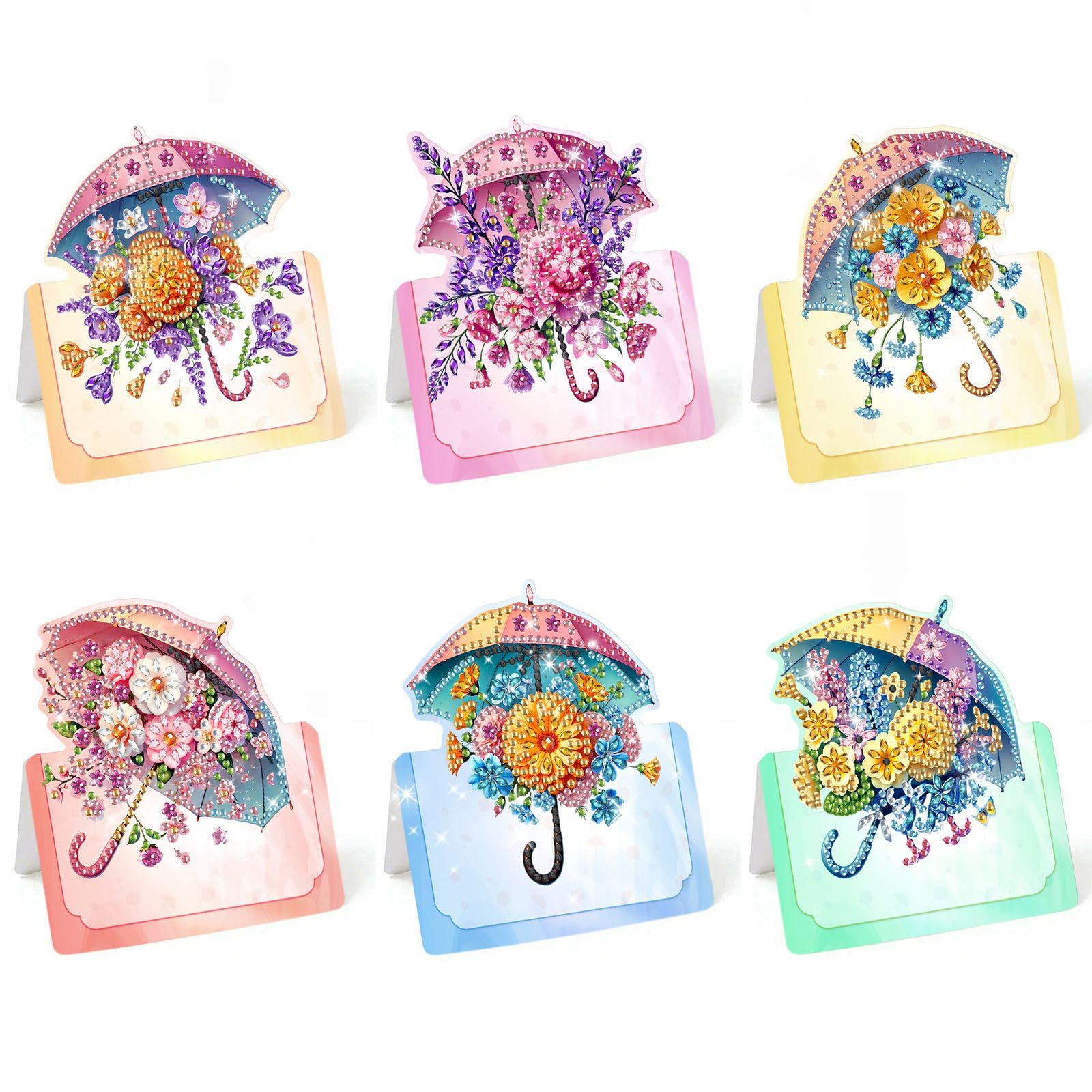 Lebartm 6Pcs 3D Folding Greeting Card DIY Diamond Art Painting Foldable Thank You Cards with White Envelopes Blessing Greeting Card Set for Festival Holiday-Flower Umbrella