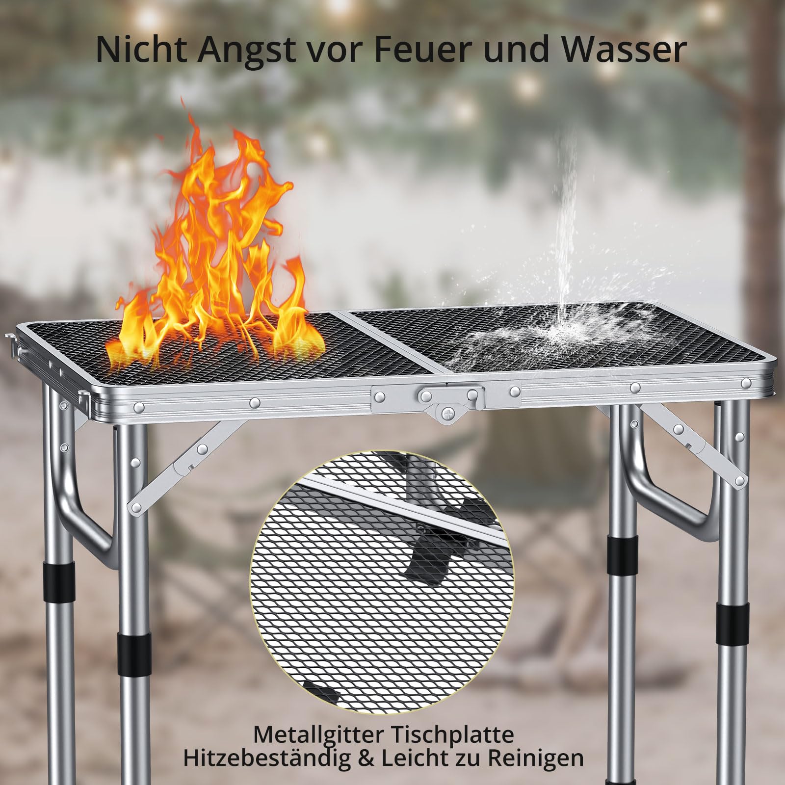 Anbte Campingtisch Grilltisch 58x40cm Metallgitter Tischplatte mit 3 Verstellbare Höhe 26/48/70cm Aluminium Rahmen Klapptisch Tragbar Picknicktisch für BBQ Garten Party Balkon (Silber)