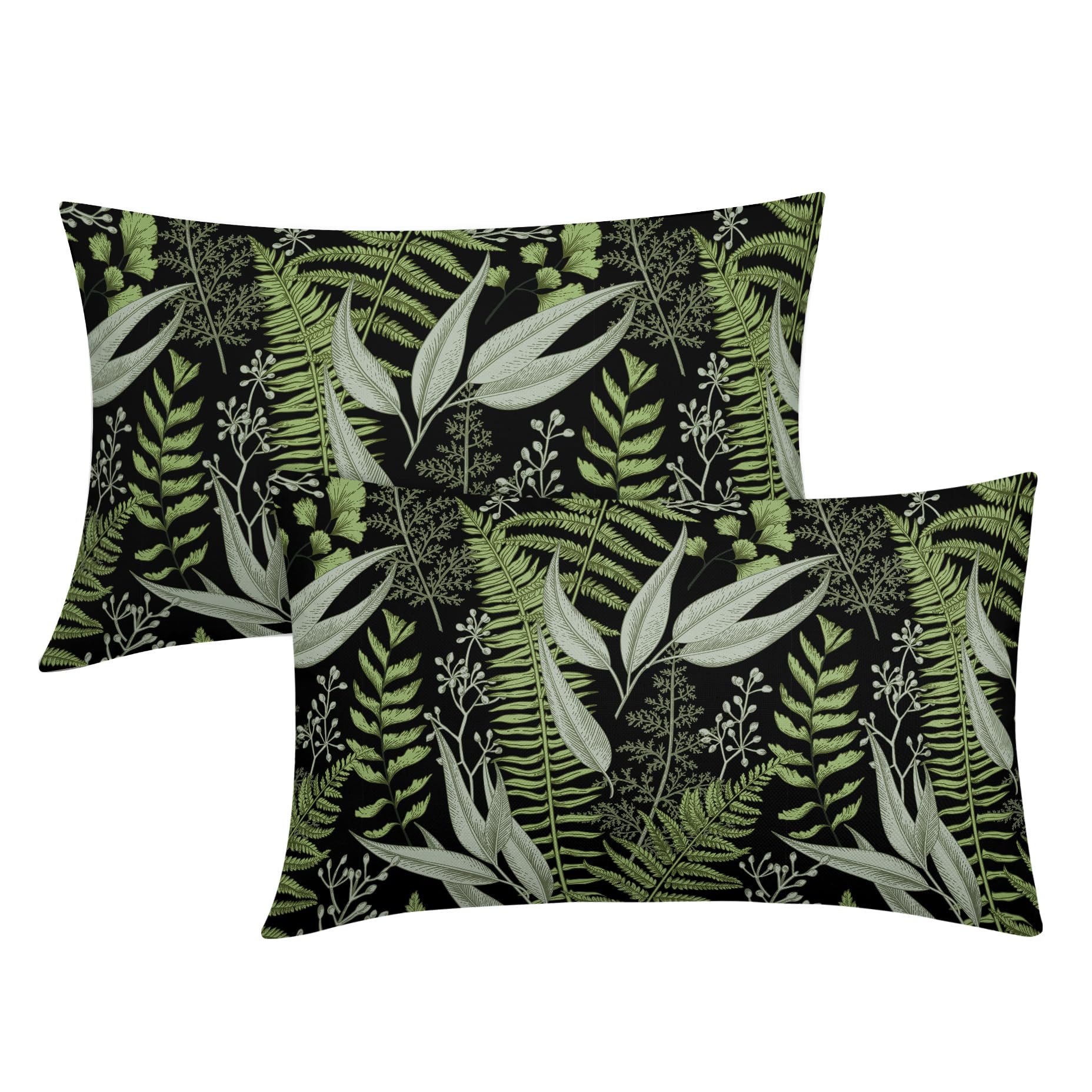 Green Leaf Plant Lumbar Pillow Covers 12X20 Inch Herbs Botanical Fern Vintage Leaves Floral Decorative Pillow Cases Set of 2 Black Throw Pillows