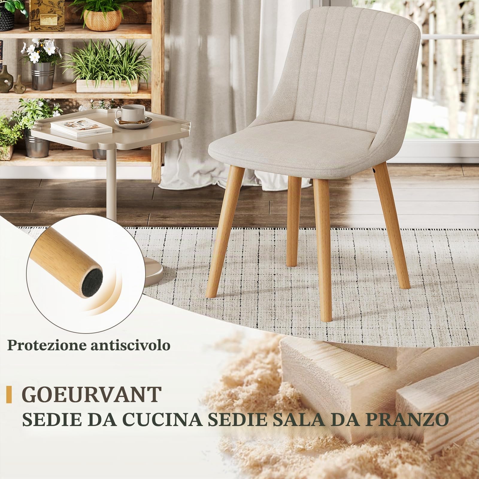 Sedie Sala da Pranzo Beige Sedie Cucina Set da 6 Imbottite Sedia da Soggiorno in Poliestere con Gambe e Schienale in Legno Massiccio