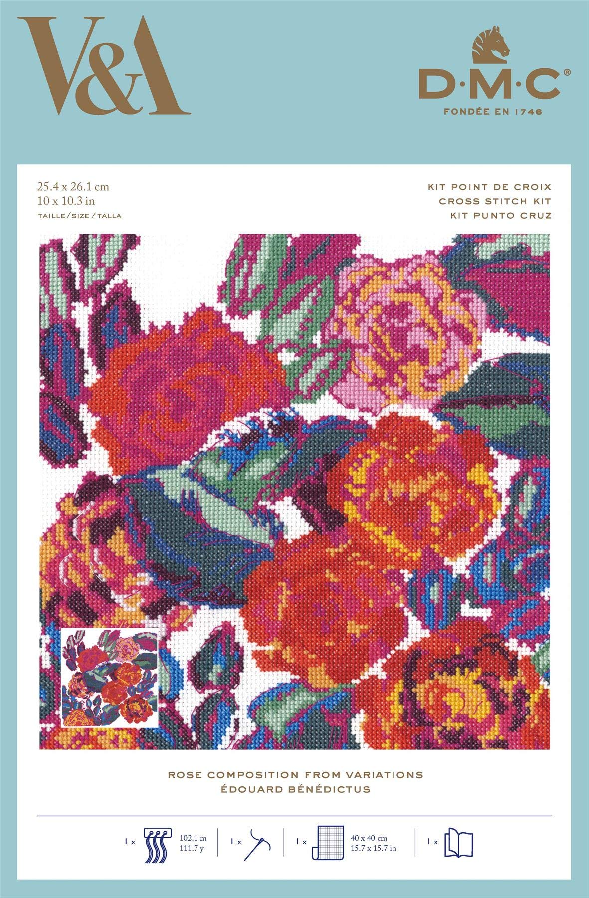 Dmc Various Red Roses Cross Stitch Kit, Includes 5.5 Pts/Cm White Aida, Needle, Stranded Cotton Embroidery Thread And Cross Stitch Chart
