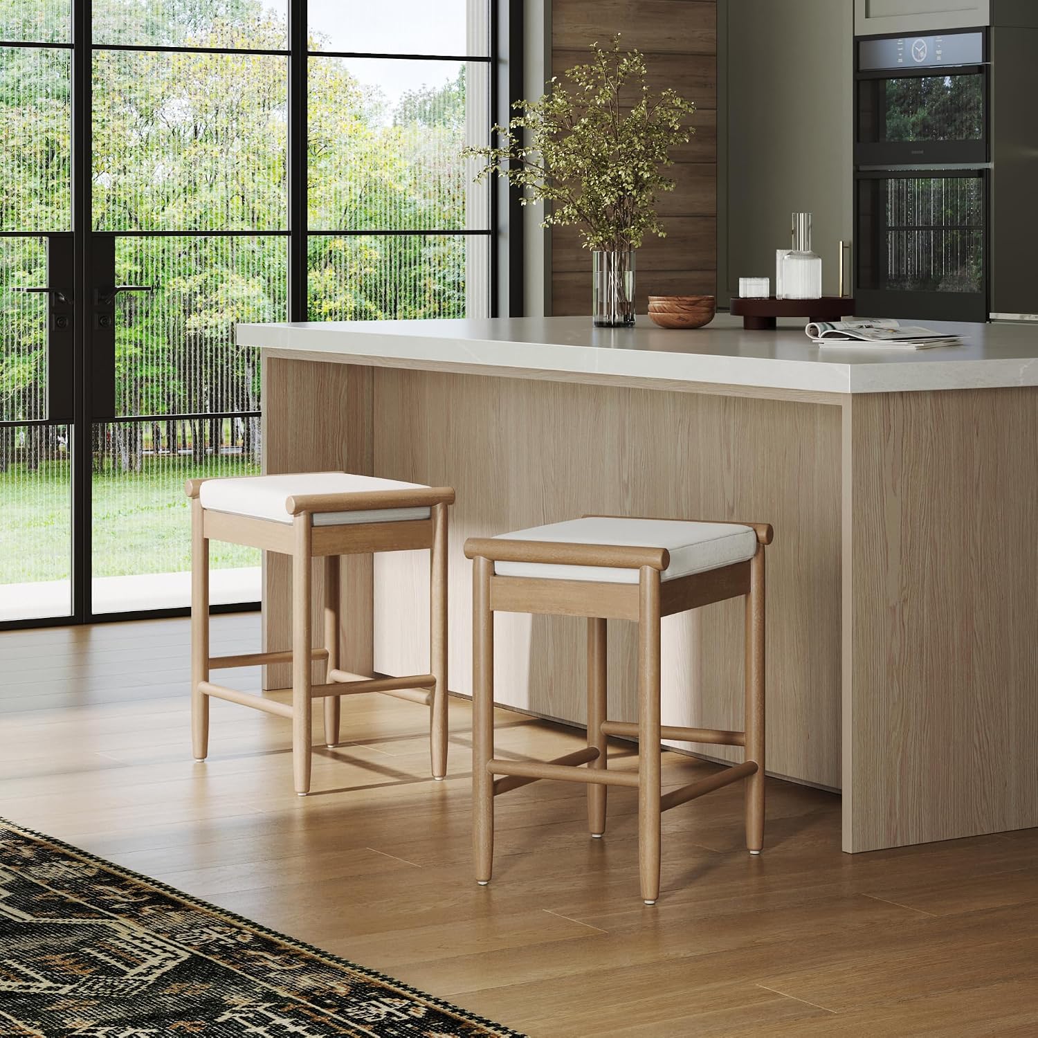 Nathan James Kirsten Scandinavian Backless Wooden Bar Stool, Boucle Bar Stool with Tapered Solid Wood Legs, Boucle/Light Brown