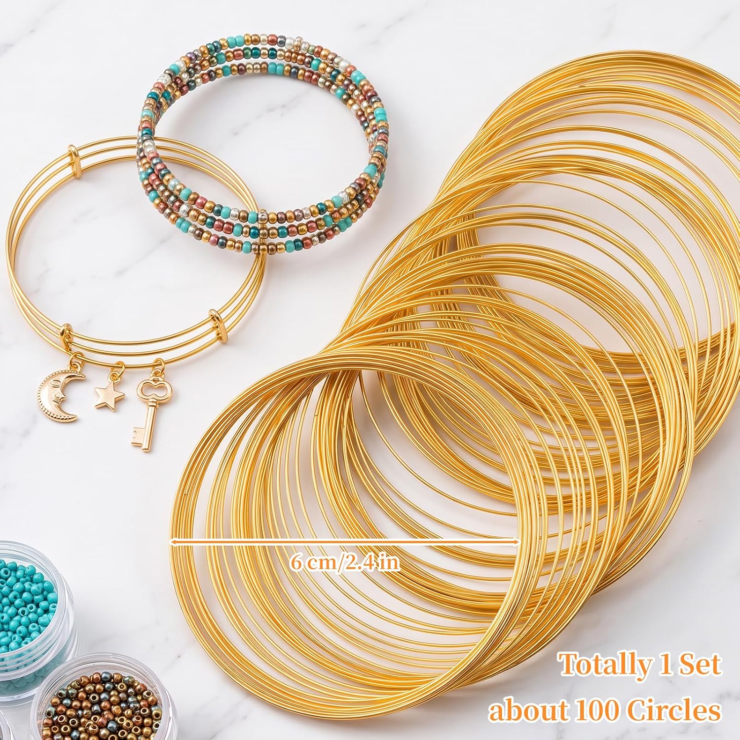100 Loops Memory Wire for Beads Jewelry Making, 0.57mm Gold Steel Wire